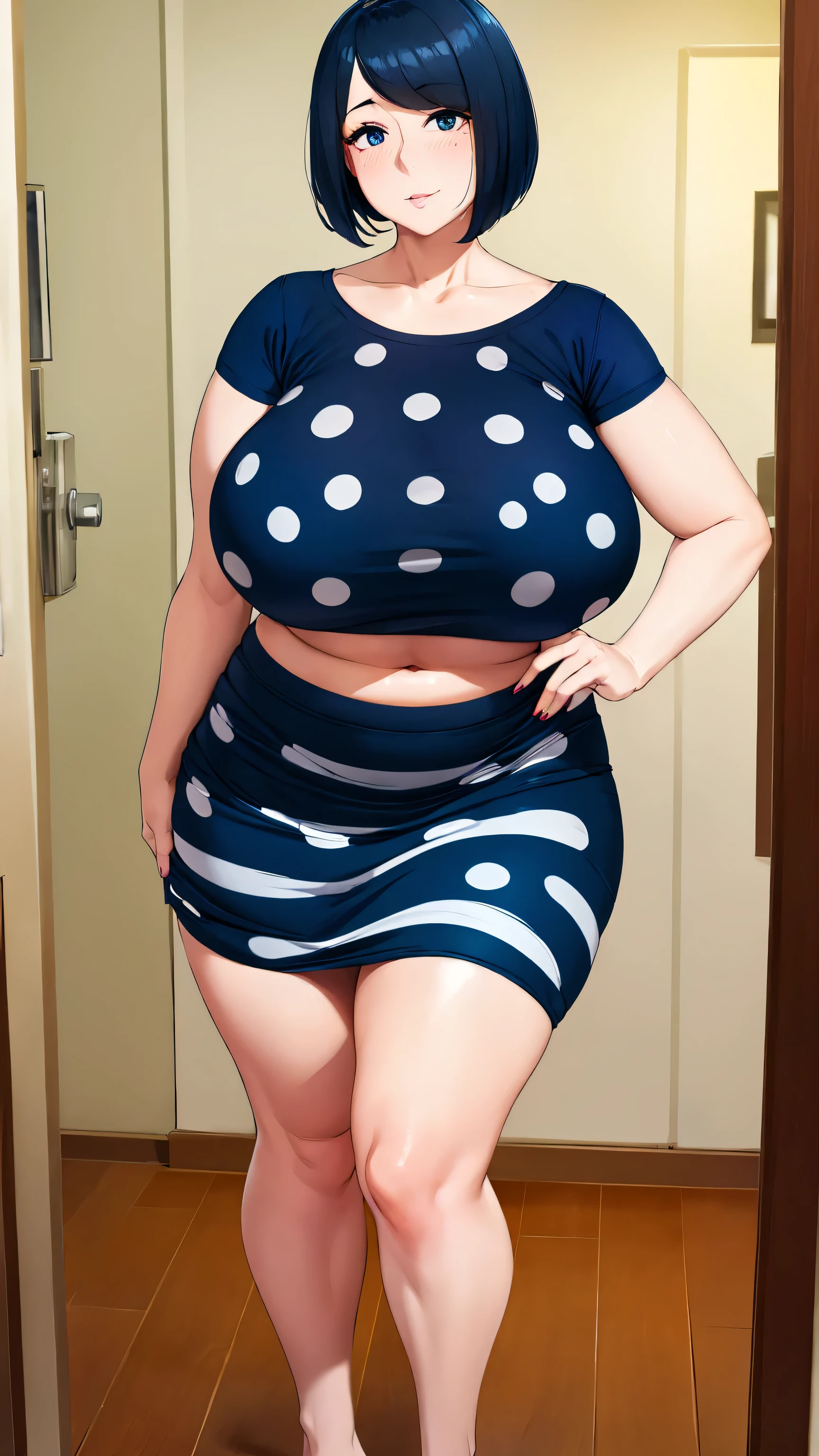 A beautiful beautiful girl big breasted sexy navy blue short round hair her blue eye thin black eyelash Macha cheek polka dots wears black stripe shirt shows navel and a long blue skirt image sea wave black heel