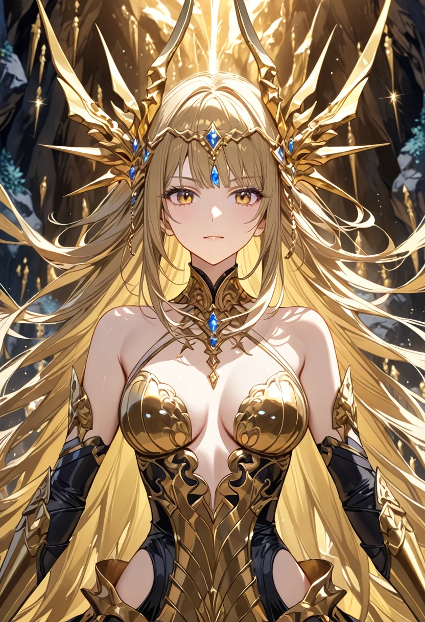  Sparkling Gold with Stalactites  ,  1 girl, Half Body Closeup , cave, Many Shining Swords Piercing from the Ground into the Sky, style _Mysterious_ fantasy , Visually appealing, Synchronized ,chaos,(Mysterious hair accessories),( COMPLETE ANATOMY, high quality,4K UHD), Intricate Character Designs , Mysterious