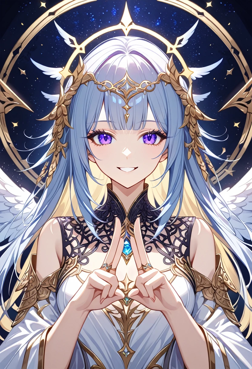 ( style _Mysterious_ fantasy ,Visually appealing,Synchronized , intricate character design,Mysterious:1.2), 1 girl,Angel,Angelic ring,halo, intricate character design,Nitz ,Magical, double V around the face ,Bright smile,Gross