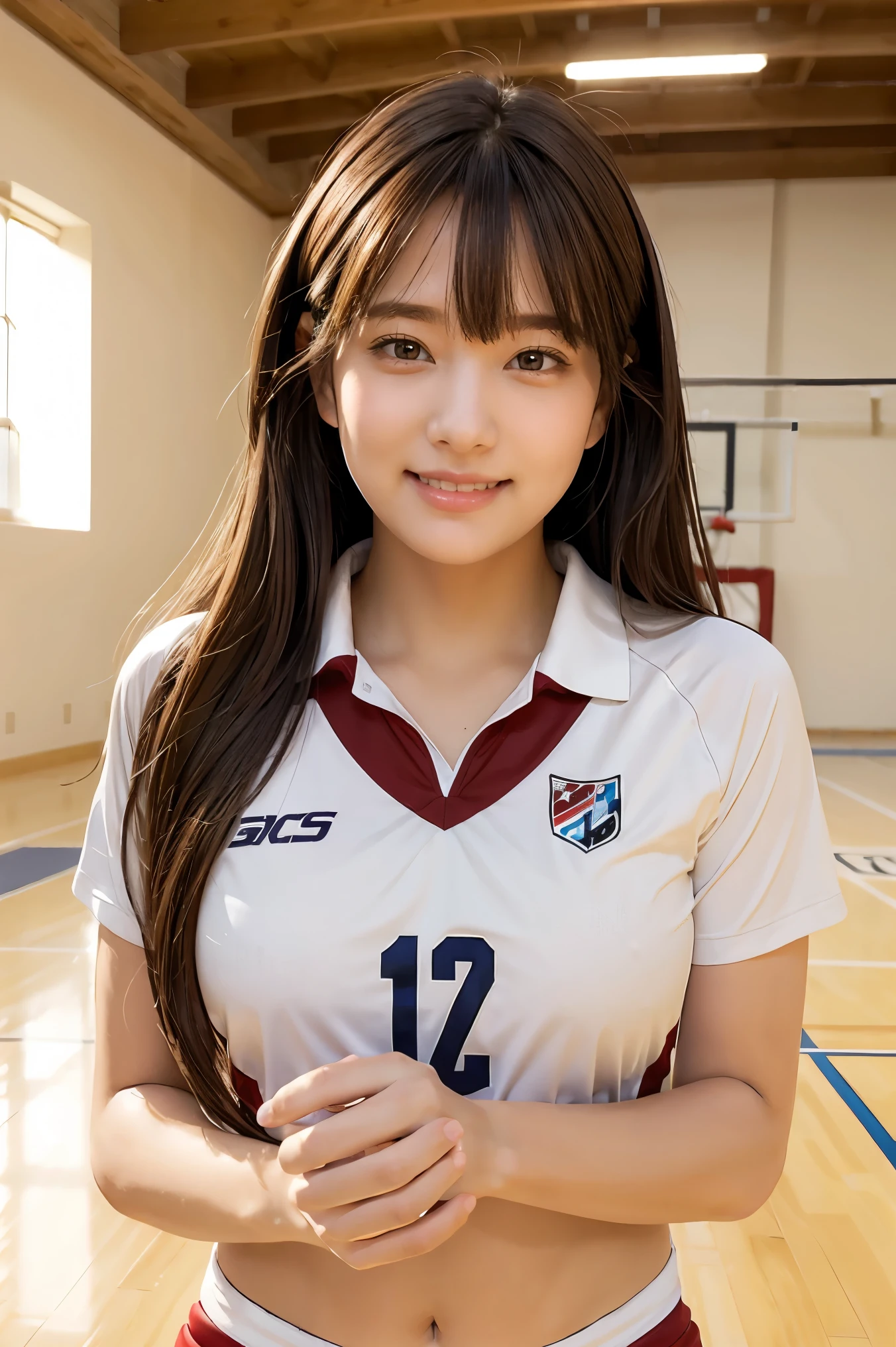 1lady solo, /(volleyball uniform/), /(dark brown hair/) bangs, blush light smile, (masterpiece best quality:1.2) delicate illustration ultra-detailed, large breasts BREAK /(volleyball court indoors/)