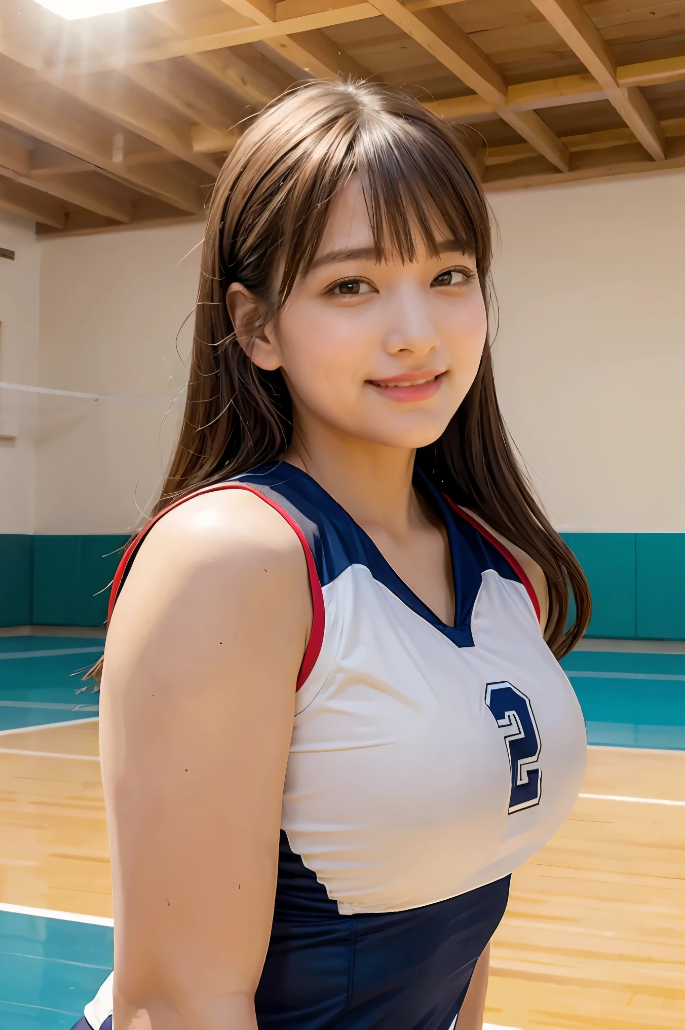 1lady solo, /(volleyball uniform/), /(dark brown hair/) bangs, blush light smile, (masterpiece best quality:1.2) delicate illustration ultra-detailed, large breasts BREAK /(volleyball court indoors/)