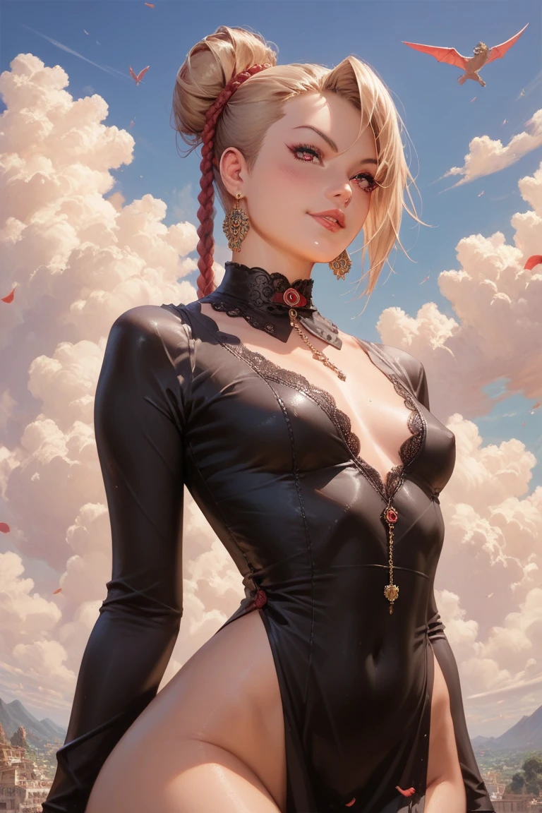 A woman, She is wearing an Akatsuki costume from Naruto, black tunic decorated with red clouds .  Small breasts,  wide hips,  Detailed eyes , beautiful eyes , ( masterpiece ), (la mejor calidad) 