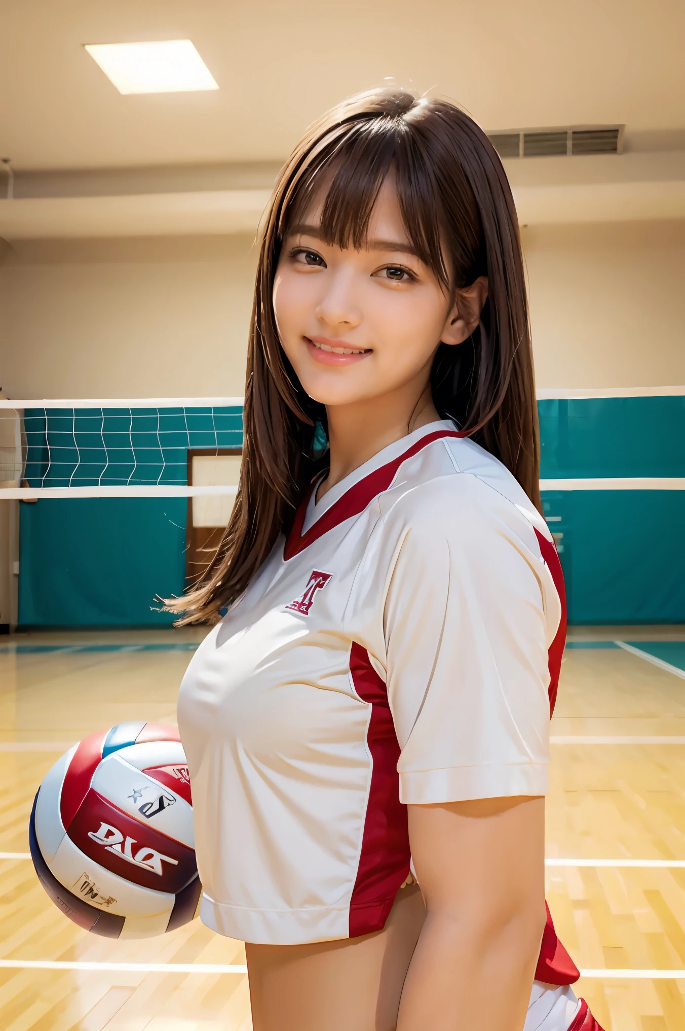 1lady solo, /(volleyball uniform/), /(dark brown hair/) bangs, blush light smile, (masterpiece best quality:1.2) delicate illustration ultra-detailed, large breasts BREAK /(volleyball court indoors/)