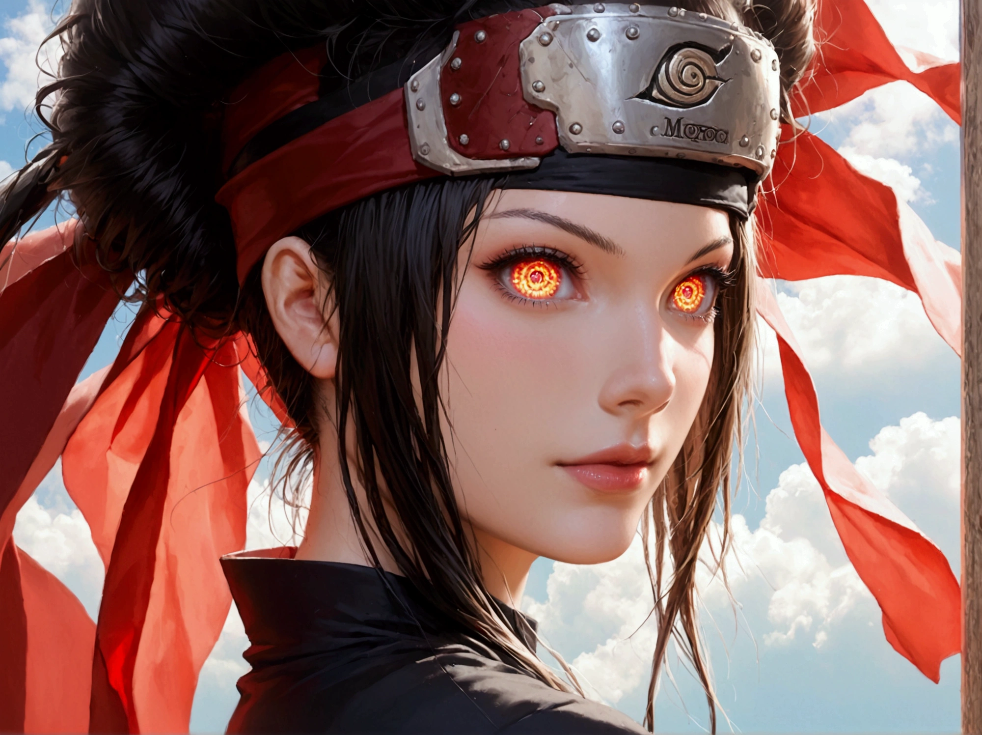 A woman, She is wearing an Akatsuki costume from Naruto, black tunic decorated with red clouds .  Small breasts,  wide hips,  Detailed eyes , beautiful eyes , ( masterpiece ), (la mejor calidad) 