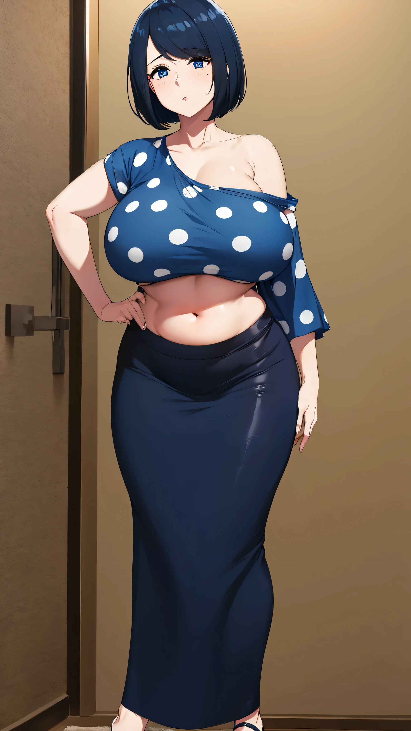 A beautiful beautiful girl big breasted sexy navy blue short round hair her blue eye thin black eyelash Macha cheek polka dots wears black stripe shirt shows navel and a long blue skirt image sea wave black heel