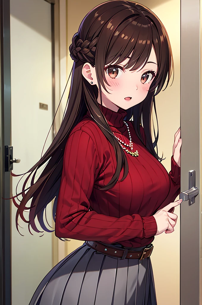 chizuru, 1girl, solo, very long hair, fit breasts, looking_at_viewer, blush, open_mouth, bangs, skirt, medium_breasts, brown_hair, shirt, black_hair, long_sleeves, brown_eyes, jewelry, upper_body, braid, pleated_skirt, parted_lips, belt, indoors, necklace, sweater, turtleneck, one_side_up, white_skirt, grey_skirt, ribbed_sweater, beads, turtleneck_sweater, door, bead_necklace, red_sweater, necklace, medium_butt