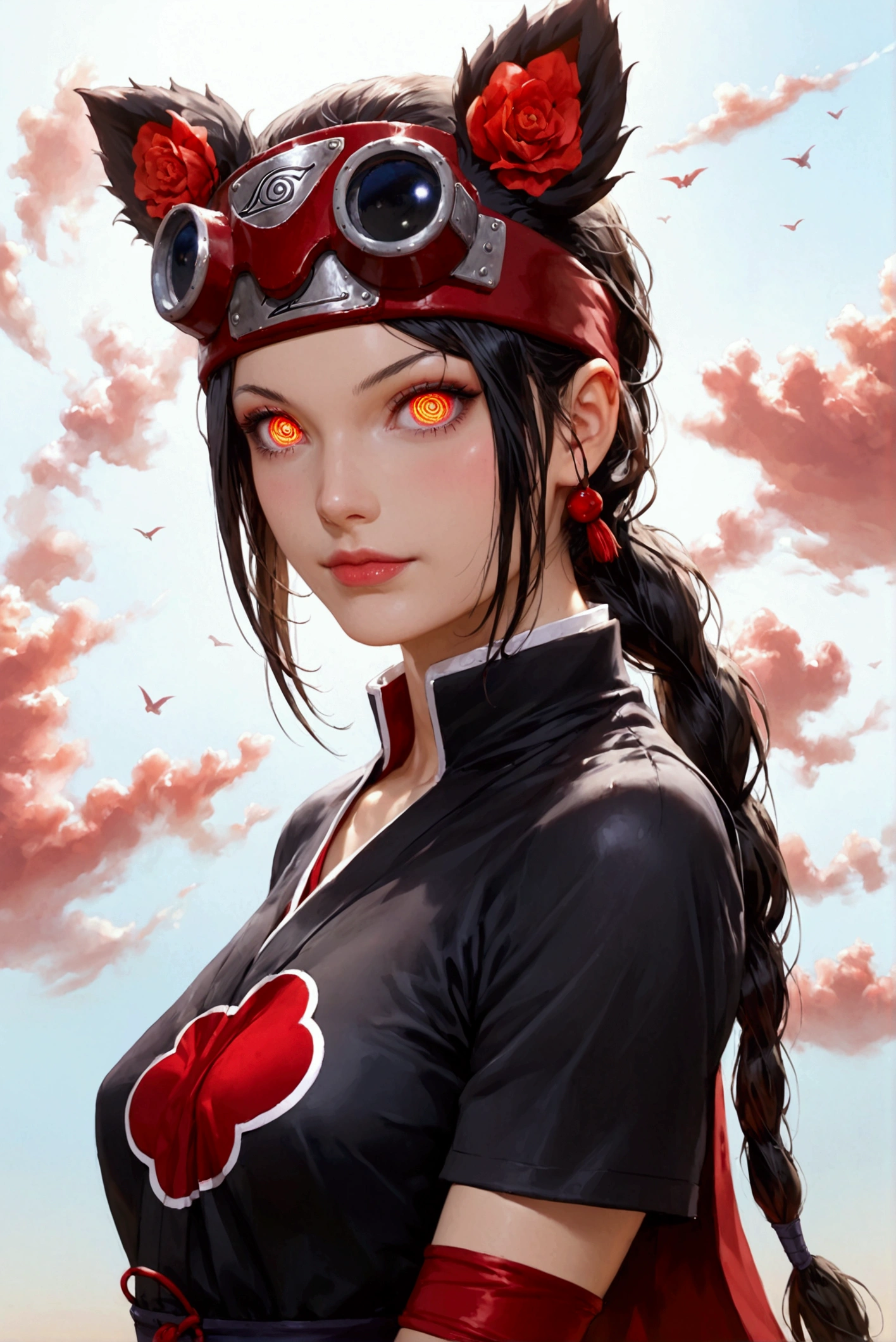 A woman, She is wearing an Akatsuki costume from Naruto, black tunic decorated with red clouds .  Small breasts,  wide hips,  Detailed eyes , beautiful eyes , ( masterpiece ), (la mejor calidad) 