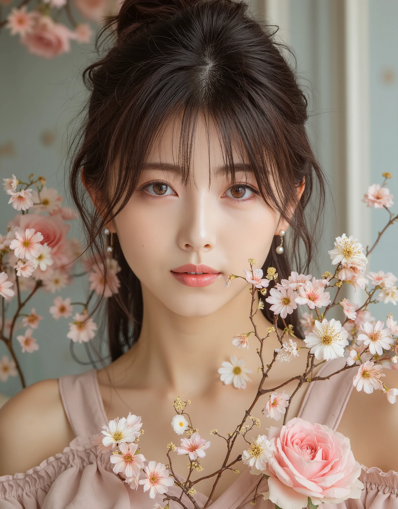 A Beautiful asian woman with flowers, fine art