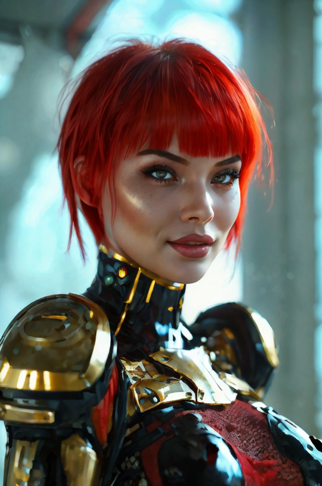 Beatiful female cyber-warrior, red bobcut, ,21years old,fair skin, extremely beautiful,strong gaze, alone,bust portrait,cyberpunk outfit, extremely detailed face, detailed eyes, mischievous smile, cheerful, realistic photo, totally realistic, human pelle, studio lighting,golden ratio body, wide hips,perfect legs, big ass