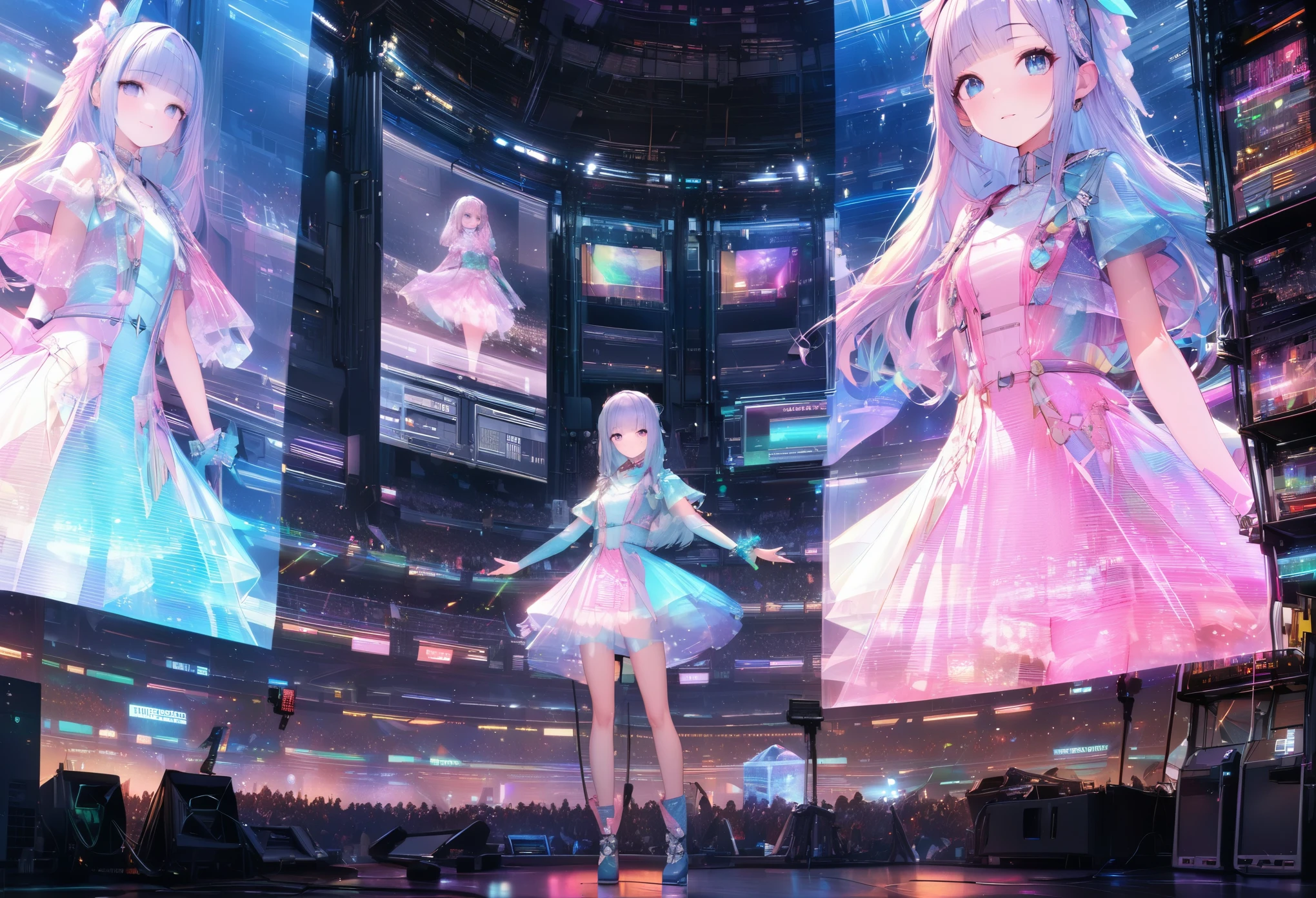 virtual idol, ((transparency through holographic projection transmission processing for aesthetic color expression applying super retina technology, Translucent texture )), captivates all viewers,  computer server in the center :1.5, 夜空に美しい hologram diva  が両手を広げて歌う:1.5, computer server と hologram diva  がシームレスに重なる:1.5,(Double Exposure:2.0), hologram diva \whole body:1.5, Large crowd around\Large crowd:1.3\Fascinating\A beautiful diva sings with open arms above , (UHD:1.3, retina:1.3, masterpiece:1.25, high details:1.4, best quality:1.5), Outdoor concert venue , Future World