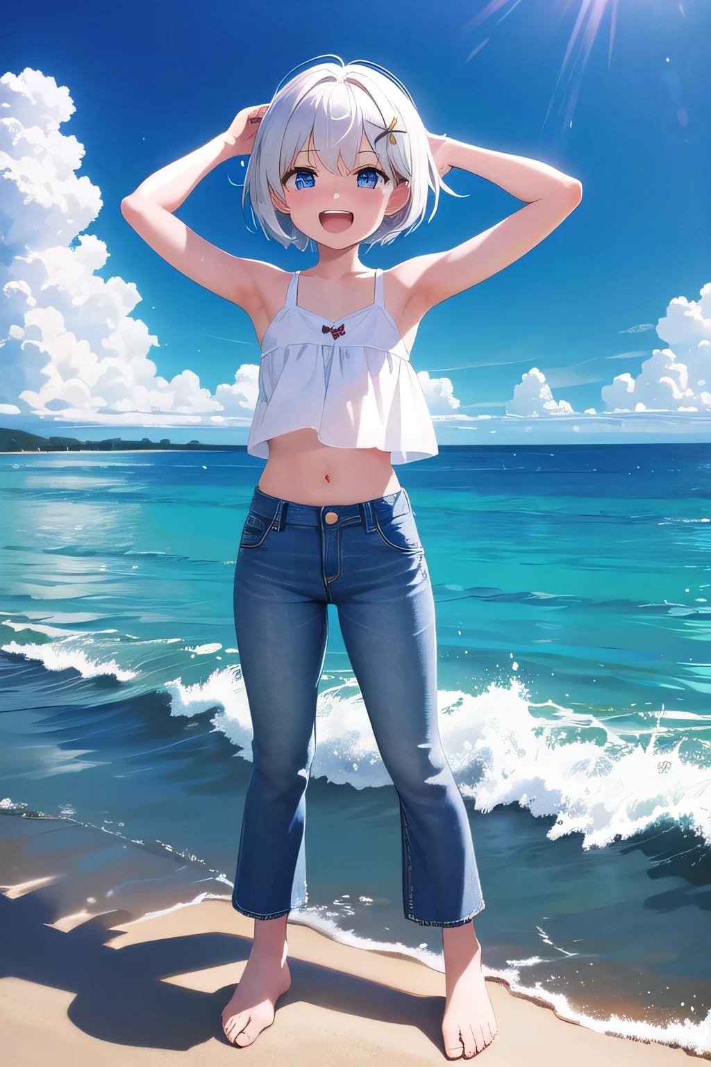 masterpiece,best quality,ultra detail,1girl, ****,petite,Laugh happily,on the ocean,sunshine,cloud, beautiful short hair, hair ornament, x hair ornament,Raise your arms and bring them behind your head,White teeth, white tank tops, jeans pants, (flares jeans 1:1), blue jeans, standing sexual pose, orgasm