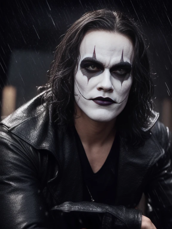 Cinema poster of the character "The Crow". A hyper-realistic cinematic image of The Crow on the roof of a gothic city building. (( The Crow V.IT Face, White face with black makeup )), He can see the city and the street lights. The Crow is wearing a blackblack overcoat, and black boots. He has long black hair, white face with black makeup. Wearing a The Crow Costume. He is crouched in a fighting stance, with his fingers clenched into fists. A black raven sits on his shoulder, looking at the horizon. He has a quitar also. It's raining outside. The scene is precise, accurate, high resolution, pixels, DPI, saturation, contrast, HDR, cinematic lighting, shadows, reflections, special effects. DETAILED FACE, intricate. ((Black Background))
