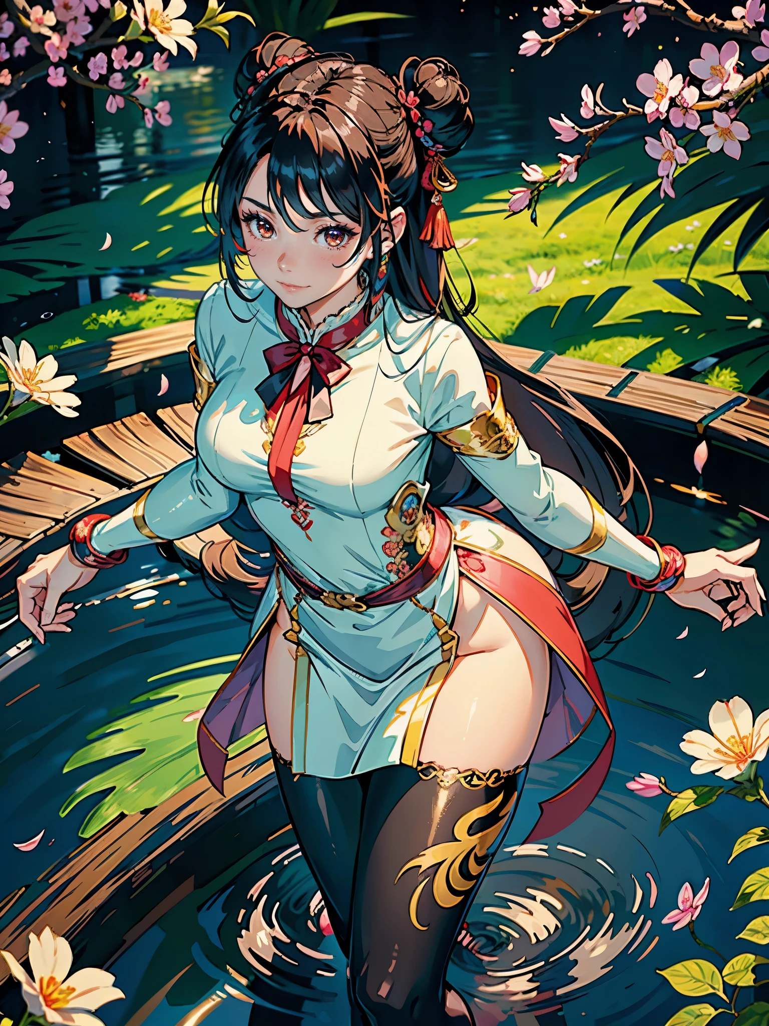 (highest quality, masterpiece, High resolution)、(anime art)、bright light、brown eyes、(thick hair)、long hair、hair ornaments、Cute face details、enchanting smile、small breasts、whole body、((sakura tropical)) (best quality,4k,8k,highres,masterpiece:1.2),ultra-detailed,(realistic,photorealistic,photo-realistic:1.37),acrylic painting,beautiful Indonesian model wearing a vibrant Chinese traditional silk dress, beautiful Indonesian model in a silk Chinese traditional outfit with downy hair,beautiful Indonesian model's silk Chinese silk dress adorned with cute bows and chains, beautiful Indonesian model with extremely colorful hair and detailed facial features,beautiful Indonesian model standing in a beautiful garden, beautiful Indonesian model with intricate accessories,beautiful Indonesian model posing gracefully,beautiful Indonesian model with long flowing long hair,beautiful bright brown eyes and rosy lips,beautiful Indonesian model with a joyful expression,beautiful Indonesian model in a dynamic pose with sakura blossoms falling around her,beautiful Indonesian model surrounded by colorful flowers and butterflies, tights,beautiful Indonesian model with an enchanting smile,beautiful Indonesian model with soft, pastel-colored shading, beautiful Indonesian model with a fairytale-like background,sailor moon hair, flower in hair, hair ornaments, long sleeve, two hair buns, Double Bun,