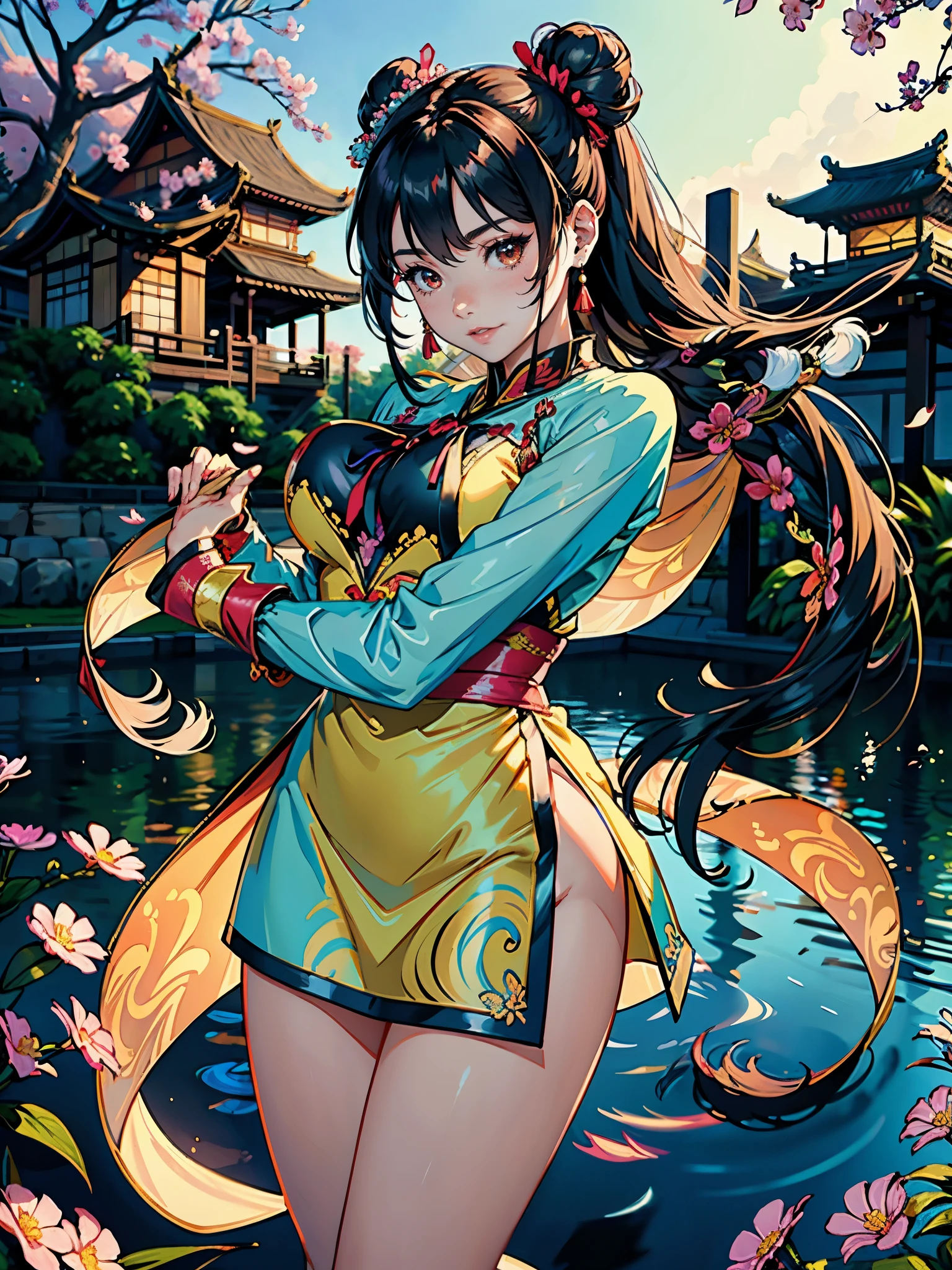 (highest quality, masterpiece, High resolution)、(anime art)、bright light、brown eyes、(thick hair)、long hair、hair ornaments、Cute face details、enchanting smile、small breasts、whole body、((sakura tropical)) (best quality,4k,8k,highres,masterpiece:1.2),ultra-detailed,(realistic,photorealistic,photo-realistic:1.37),acrylic painting,beautiful Indonesian model wearing a vibrant Chinese traditional silk dress, beautiful Indonesian model in a silk Chinese traditional outfit with downy hair,beautiful Indonesian model's silk Chinese silk dress adorned with cute bows and chains, beautiful Indonesian model with extremely colorful hair and detailed facial features,beautiful Indonesian model standing in a beautiful garden, beautiful Indonesian model with intricate accessories,beautiful Indonesian model posing gracefully,beautiful Indonesian model with long flowing long hair,beautiful bright brown eyes and rosy lips,beautiful Indonesian model with a joyful expression,beautiful Indonesian model in a dynamic pose with sakura blossoms falling around her,beautiful Indonesian model surrounded by colorful flowers and butterflies, tights,beautiful Indonesian model with an enchanting smile,beautiful Indonesian model with soft, pastel-colored shading, beautiful Indonesian model with a fairytale-like background,sailor moon hair, flower in hair, hair ornaments, long sleeve, two hair buns, Double Bun,