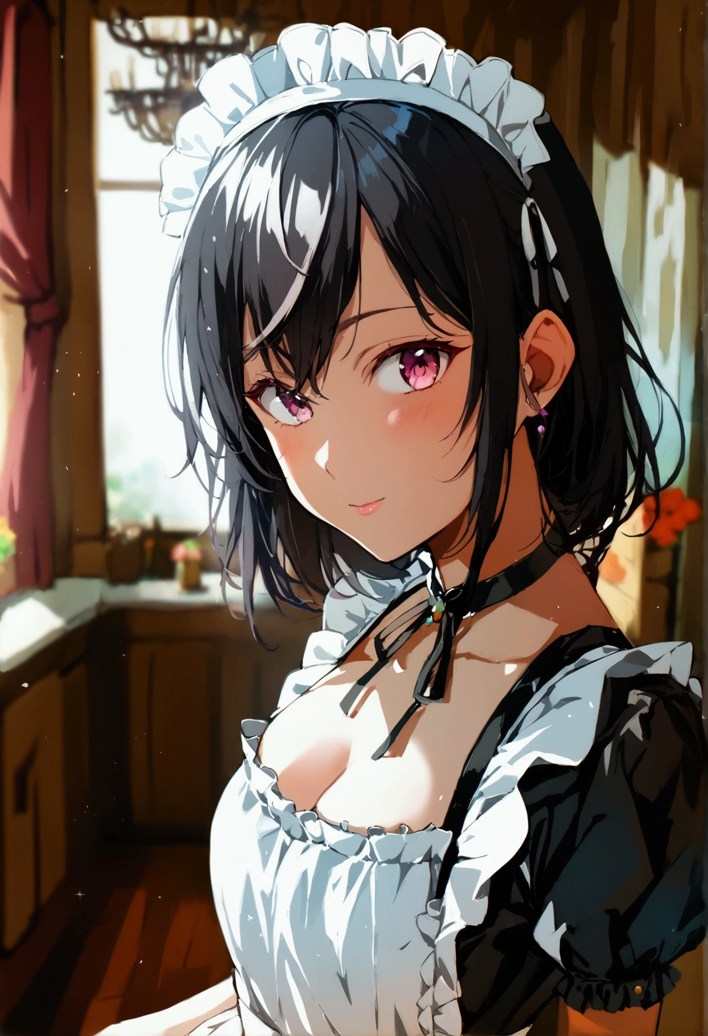 1girl,Selfie Shot,Yuki Suou ,Maid Dress,Black Hair ,LongHair.