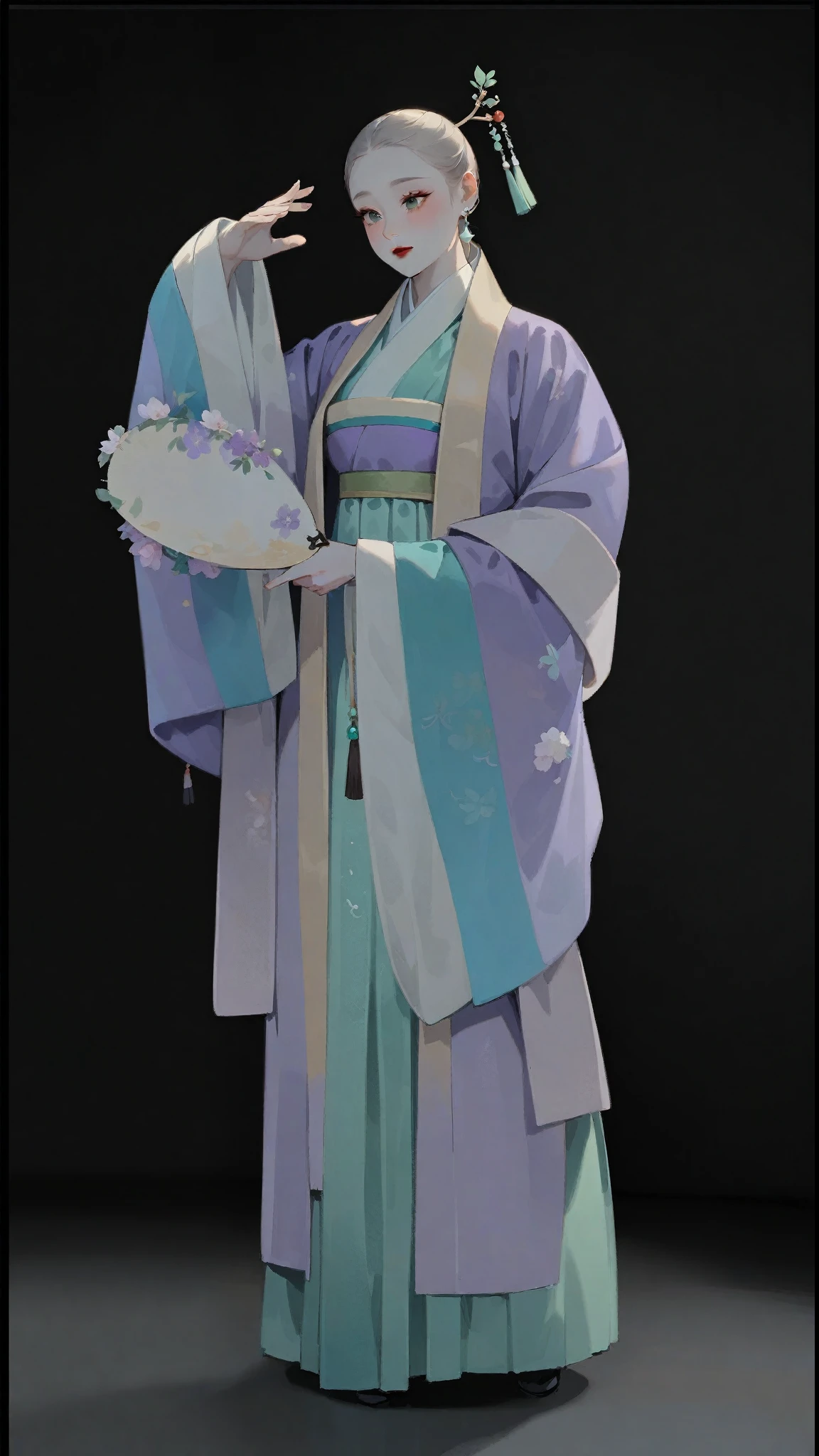 girl,Misaki Mori \\(new year\\),Female character TPOSE
Traditional Hanfu,Wide sleeves,层次分明
soft的颜色,lavender purple 、Mint Green、米色
grace的姿势, holding fan
Headdress ,classical发簪
古风,elegant, gentle Hololive ,Single, Glance :soft、Three-dimensional、Fair skin、Light Blush 、 big eyes、Melancholy eyes、 Reddish eyeshadow 、 light red lip color
eyebrow decoration: Flower-shaped Red Pattern 、classical
发型: Dark Brown Gradient 、 Heavy Hairstyle 、Micro curly bangs、 natural sagging hair
Headwear : golden dendritic hairpin 、 Jewelry Decoration 、tassel、 exquisite、 noble
Earrings : Green Jade Earrings 、classical、 Elegant
costume :Mauve、Light Green、 Simple Neckline 、Traditional Clothing、 Dignified and Elegant
Style :Chinese ancient style、classical美人、grace、 Deep Eyes ,outdoor,Movie Angle,Wave,masterpiece, best quality ,Extremely Beautiful , very high resolution