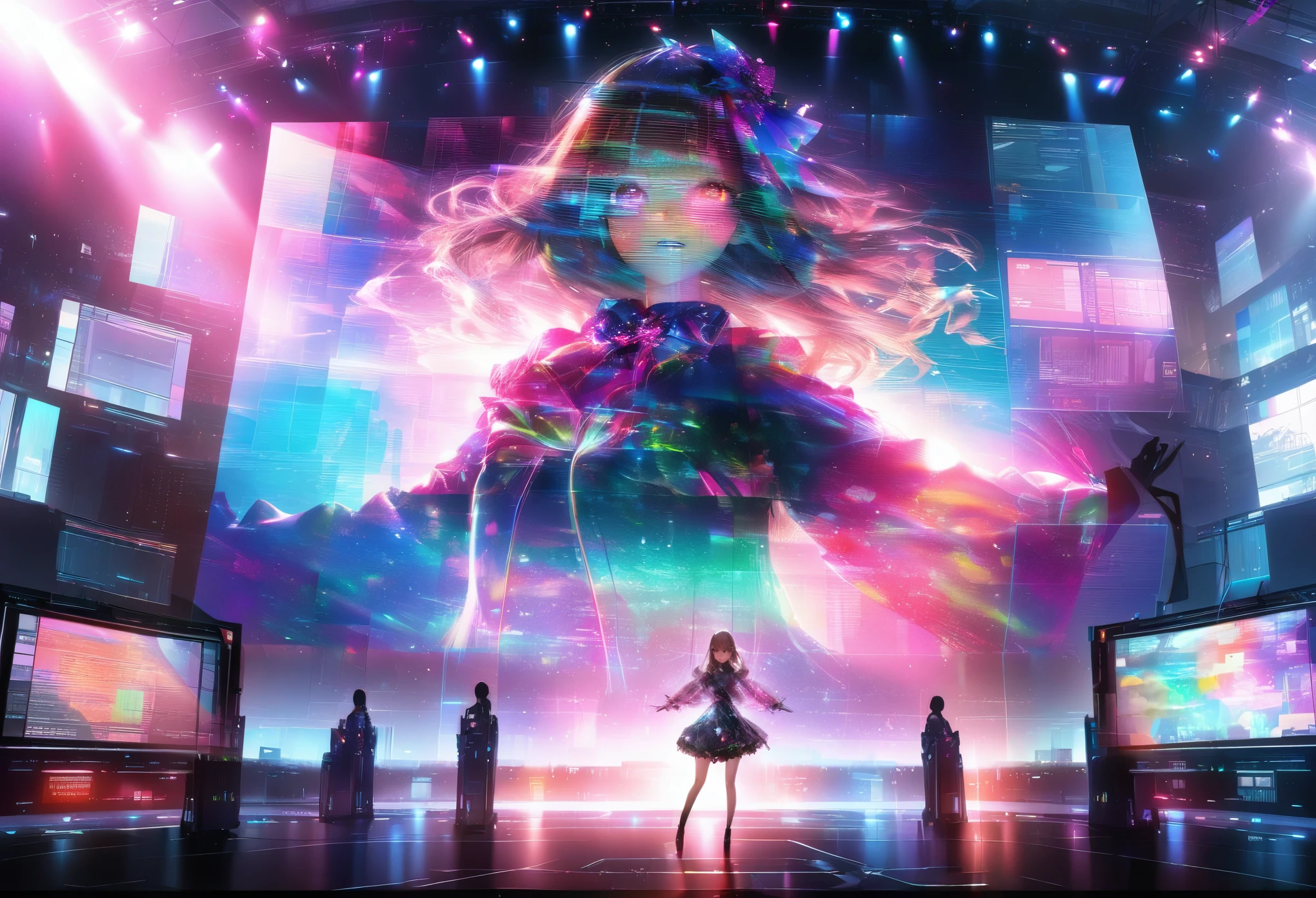 virtual idol, ((transparency through holographic projection transmission processing for aesthetic color expression applying super retina technology, Translucent texture )), captivates all viewers,  computer server in the center :1.5, Hovering over computer servers:1.2, 夜空に美しい hologram diva  が両手を広げて歌う:1.5, computer server と hologram diva  がシームレスに重なる:1.5,(Double Exposure:2.0), hologram diva \whole body:1.5, Large crowd around\Large crowd:1.3\Fascinating\A beautiful diva sings with open arms above , (UHD:1.3, retina:1.3, masterpiece:1.25, high details:1.4, best quality:1.5), Outdoor concert venue , Future World