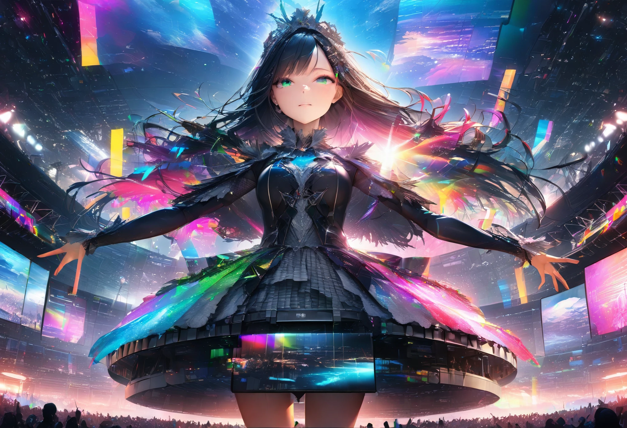 virtual idol, ((transparency through holographic projection transmission processing for aesthetic color expression applying super retina technology, Translucent texture )), captivates all viewers,  computer server in the center :1.5, Hovering over computer servers:1.2, 夜空に美しい hologram diva  が両手を広げて歌う:1.5, computer server と hologram diva  がシームレスに重なる:1.5,(Double Exposure:2.0), hologram diva \whole body:1.5, Large crowd around\Large crowd:1.3\Fascinating\A beautiful diva sings with open arms above , (UHD:1.4 retina:1.3, masterpiece:1.25, high details:1.4, best quality:1.5), Outdoor concert venue , Future World