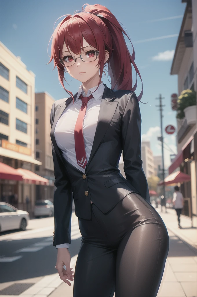 (best quality:1.2), 1girl, (masterpiece:1.2), raytracing, cute face, perfect face, ultra detailed,detailed face, 8k wallpaper, (wide hips:0.8), KobayashiDragonMaid_NDV, 1girl, red hair, small breasts, ponytail, red eyes, white shirt, tie, black pants, outdoor, glasses, bussines suit