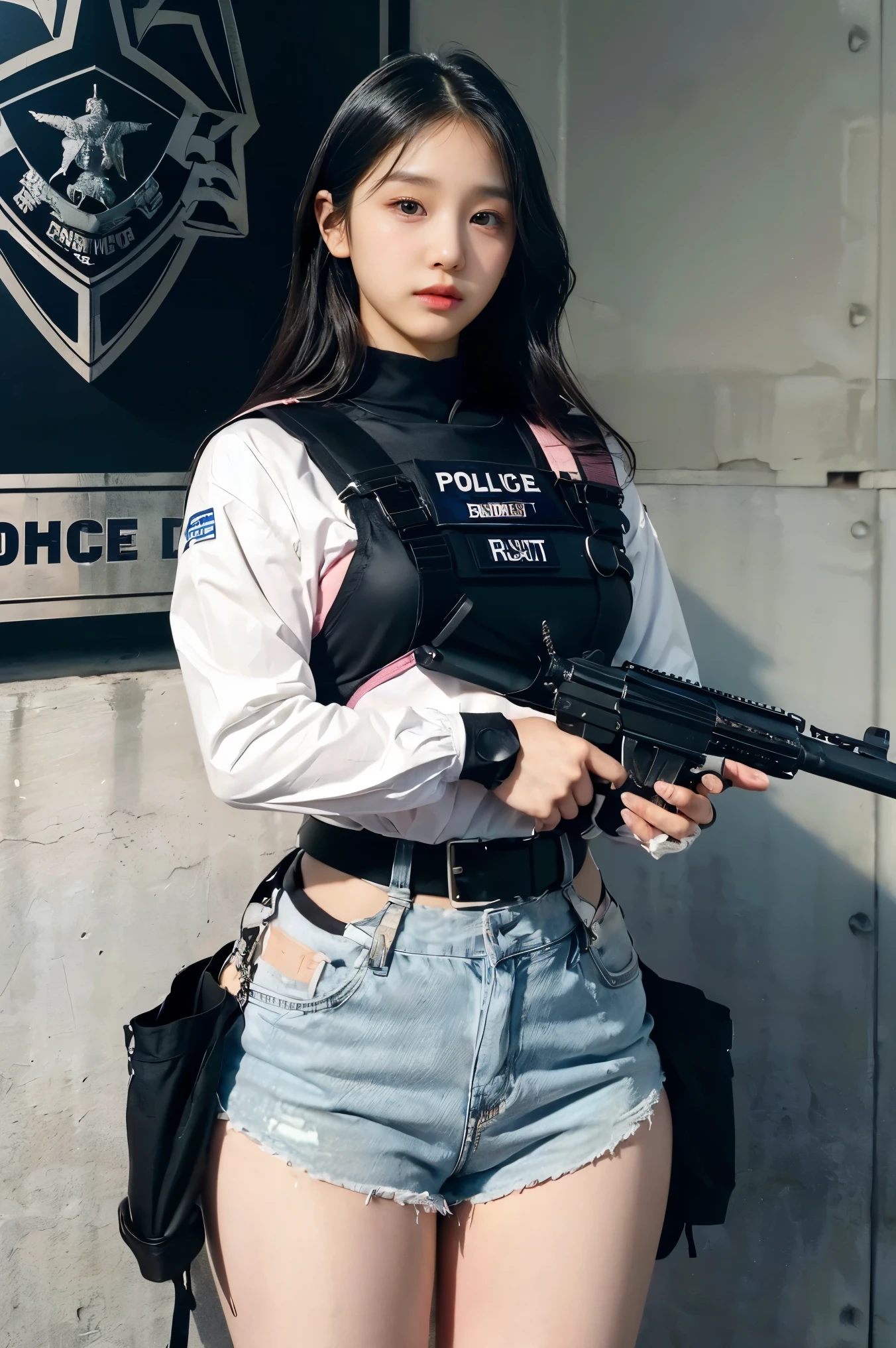 (Highest image quality, outstanding details, ultra-high resolution), (realism: 1.4), favor details, highly condensed 1 beautiful Korean girl, with a delicate and beautiful face, ((cowboy shot)), (a bit chubby:0.4), (wearing black racing suit likes police uniform, black and pink mecha, wearing military harness, holding a machinegun), background simple grey concrete,