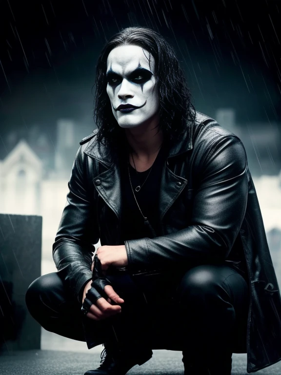 Cinema poster of the character "The Crow". A hyper-realistic cinematic image of The Crow on the roof of a gothic city building. (( The Crow V.IT Face, White face with black makeup )), He can see the city and the street lights. The Crow is wearing a blackblack overcoat, and black boots. He has long black hair, white face with black makeup. Wearing a The Crow Costume. He is crouched in a fighting stance, with his fingers clenched into fists. A black raven sits on his shoulder, looking at the horizon. He has a quitar also. It's raining outside. The scene is precise, accurate, high resolution, pixels, DPI, saturation, contrast, HDR, cinematic lighting, shadows, reflections, special effects. DETAILED FACE, intricate. ((Black Background))
