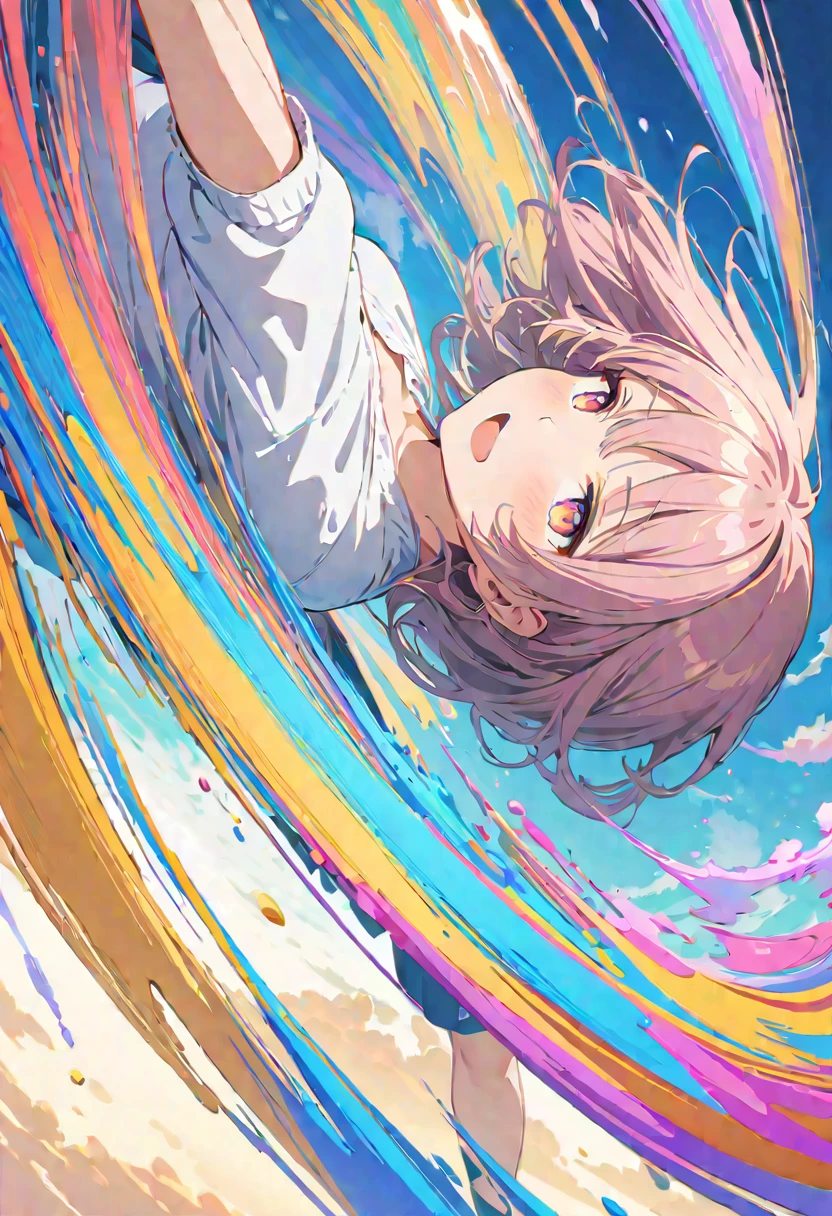 (masterpiece, Highest quality, Official Art:1.2), (colorful), Perfect Anatomy, Looking at the audience, One Girl, alone, White Background, floating colorful water, Ultra-fine illustrations, highly detailed, Dynamic Angle, beautiful detailed, 8K, break smiling amidst the colorful scenes, (Highest quality, masterpiece, High resolution, detailed), Anime Style, (Shining Eyes, detailed美しい顔), break,Dynamic Angle, Whole body shot, pastel colour