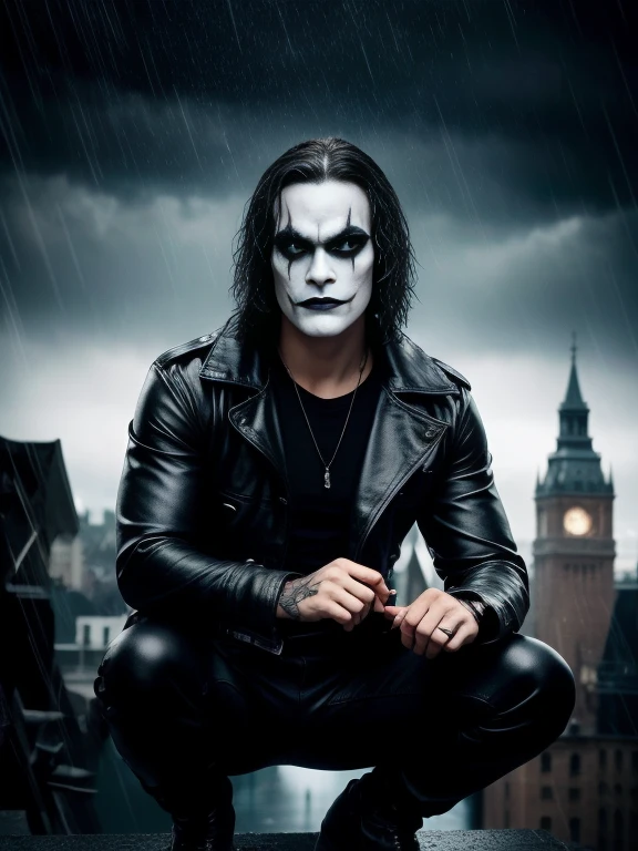 Cinema poster of the character "The Crow". A hyper-realistic cinematic image of The Crow on the roof of a gothic city building. (( The Crow V.IT Face, White face with black makeup )), He can see the city and the street lights. The Crow is wearing a blackblack overcoat, and black boots. He has long black hair, white face with black makeup. Wearing a The Crow Costume. He is crouched in a fighting stance, with his fingers clenched into fists. A black raven sits on his shoulder, looking at the horizon. He has a quitar also. It's raining outside. The scene is precise, accurate, high resolution, pixels, DPI, saturation, contrast, HDR, cinematic lighting, shadows, reflections, special effects. DETAILED FACE, intricate. ((Black Background))
