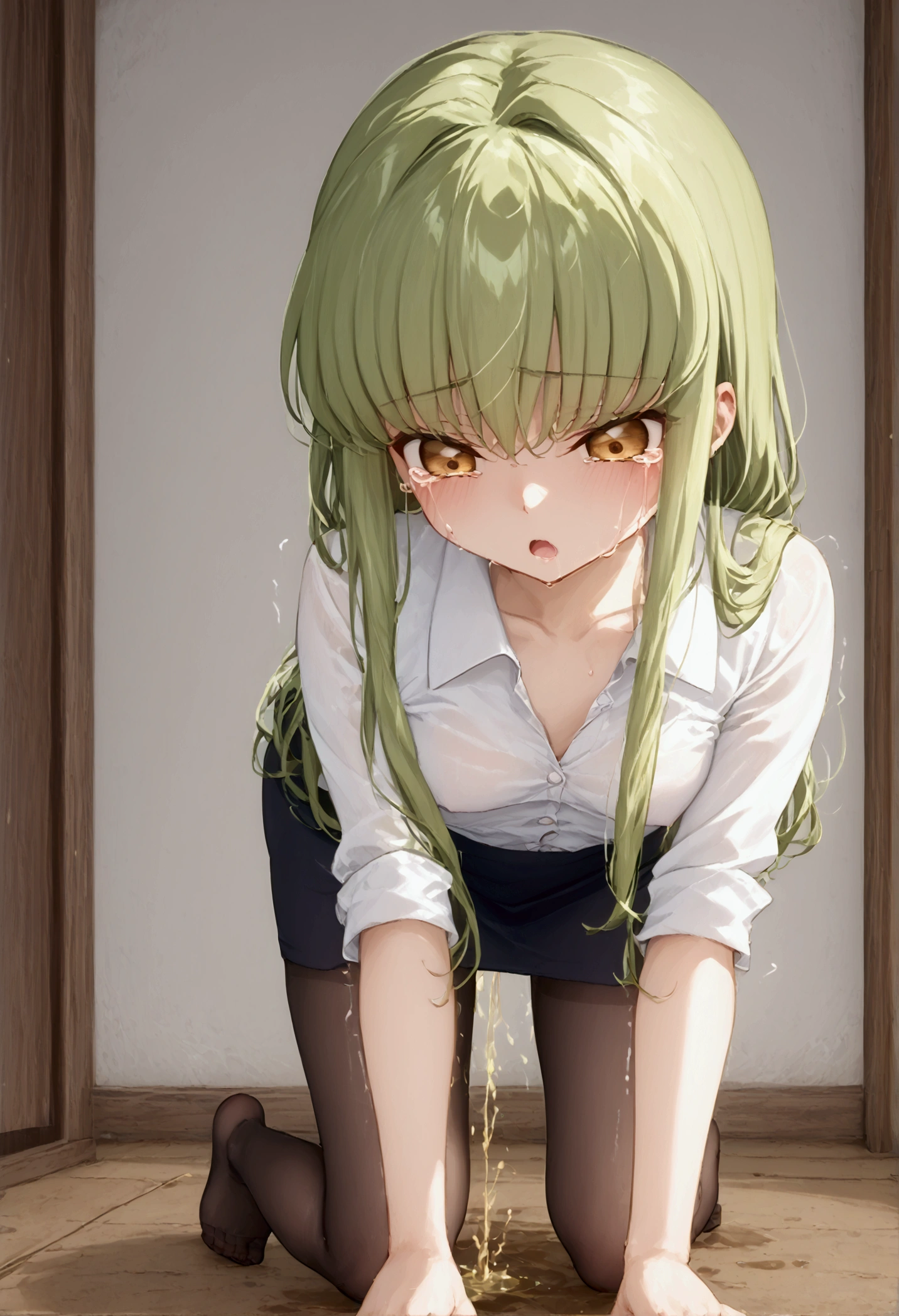 High image quality 、masterpiece、  high quality、Full HD、4K、Jail、Both hands tied、Hands above head、 is on all fours、Eye highlights removed 、Darkening in eyes 、 green hair、Golden Eyes、 white shirt 、 black business suit 、 black tight skirt、Black tights、Wet panties、Close thighs 、Small breasts、Peeing、A big puddle of pee、Screaming、 putting up with it、trembling、despair、Frightened、Crying face、tears