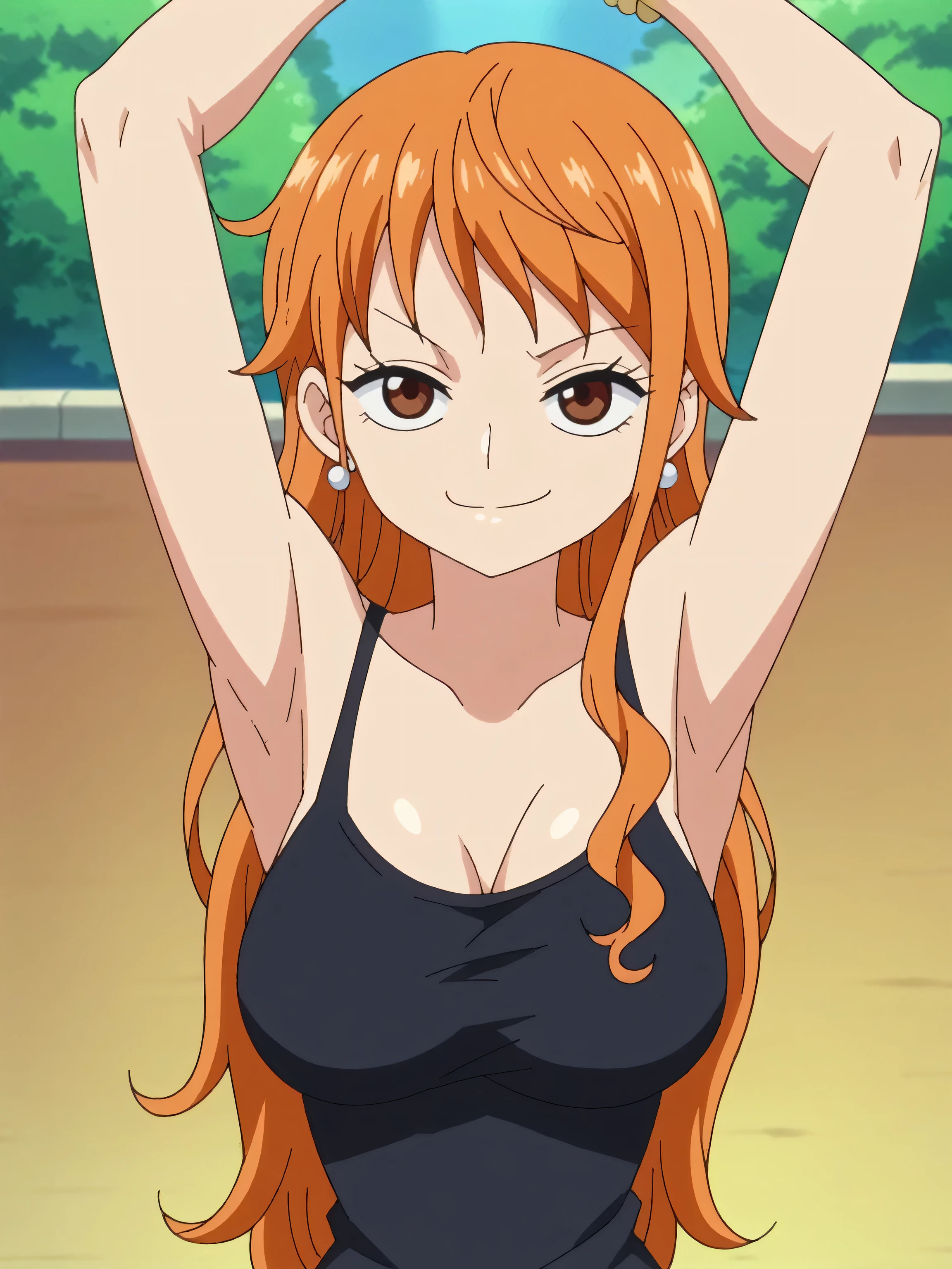 score_9, score_8_up, score_7_up, source_anime, anime screencap, 1girl, solo, nami, long hair, orange hair, brown eyes, jewelry, earrings, black tank top, arms up, raised arms, armpits, looking at viewer, smile, smug closed mouth, outdoors, day, park, from above, badhandv4