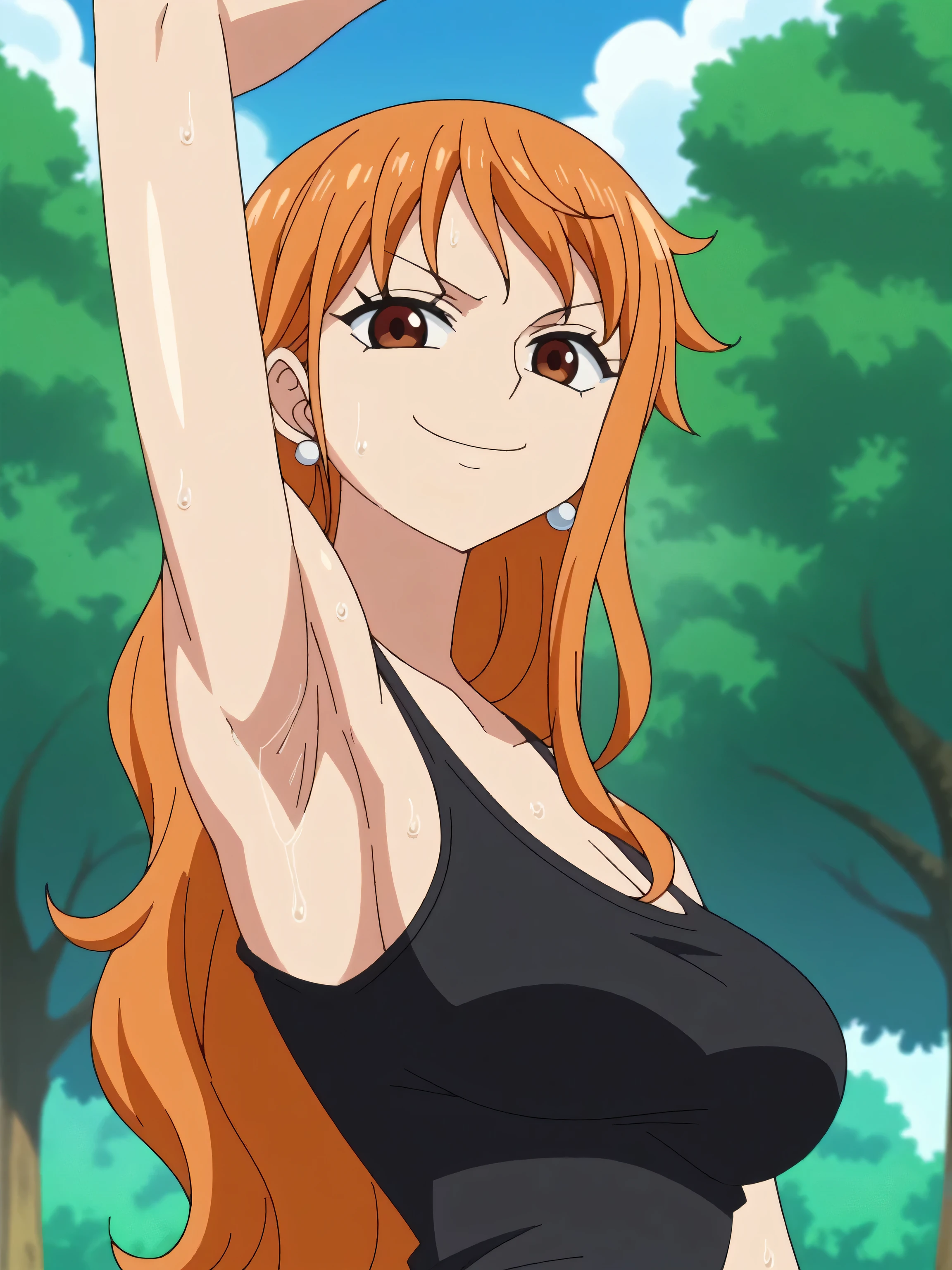 score_9, score_8_up, score_7_up, source_anime, anime screencap, 1girl, solo, nami, long hair, orange hair, brown eyes, jewelry, earrings, black tank top, arm up, raised arm, arm behind head, armpit, from side , from below, (sweaty0.8), looking at viewer, smile, smug closed mouth, outdoors, day, park, badhandv4