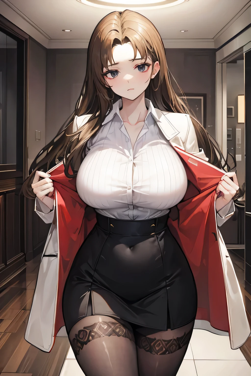 Rodion from limbus company,  brown hair, 1 girl,  patterned stockings huge breasts, huge hips, business suit, , the chest falls out of the jacket, shirt under the jacket, white shirt,  art, in the room, 