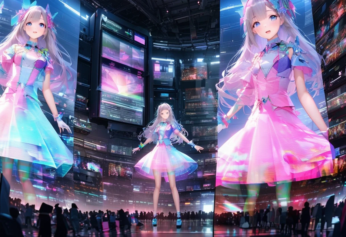 Stereoscopic images:1.5, virtual idol, ((anatomically correct:1.4, transparency through holographic projection transmission processing for aesthetic color expression applying super retina technology, Translucent texture )), captivates all viewers,  computer server in the center :1.5, 夜空に美しい hologram diva  が両手を広げて歌う:1.5, computer server と hologram diva  がシームレスに重なる:1.5,(Double Exposure:2.0), hologram diva \whole body:1.5, Large crowd around\Large crowd:1.3\Fascinating\A beautiful diva sings with open arms above , (UHD:1.3, retina:1.3, masterpiece:1.25, high details:1.4, best quality:1.5), Outdoor concert venue , Future World