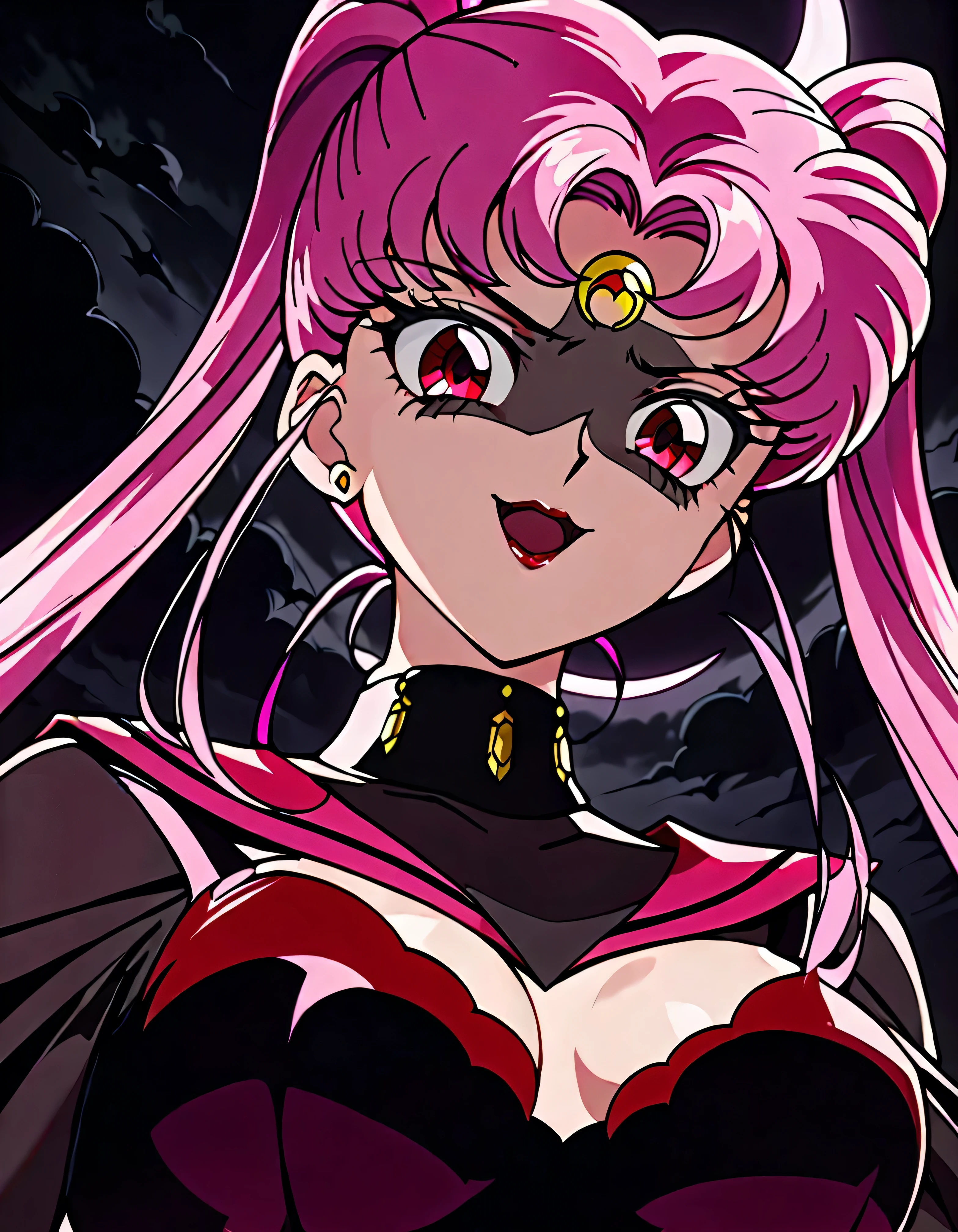  Sailor Moon's Wicked Lady, Pink Hair, Red eyes, ,  Black Crescent Moon Mark on Forehead , very evil smile,open_mouth,beautiful body,shaded face(eyes in evil shadow),((masterpiece,best quality)), absurdes,black dress,upper body,beautiful face,,looking down at viewer,twintail,,Sadistic ridicule,look down,looking down at viewer, ,evil darkness background,from below,close up,Dark Side、Alone、1girl,darkness,wander,Dark Dark Fantasy ,Disturbing Black Light 