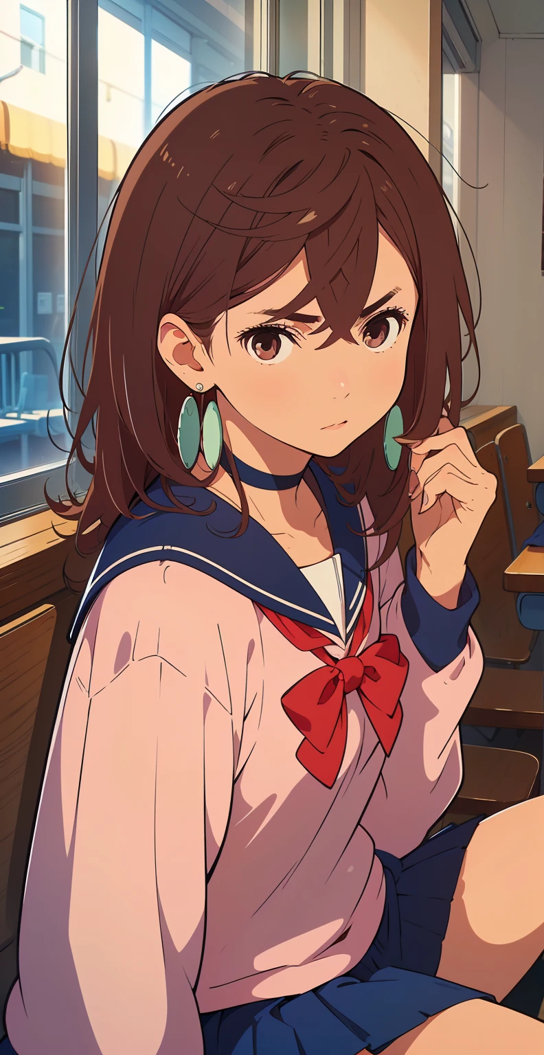 Brown hair, brown eyes, medium-length hair that frames the right side of her face. Momo is a teenage girl of average height. She often wears her school uniform, which includes a white undershirt, a long sleeve sweater with a loose bow, a navy skirt, baggy socks, and sandals. She also accessorizes with circular earrings and a black choker with a circular item at the back. Sitting in a restaurant .