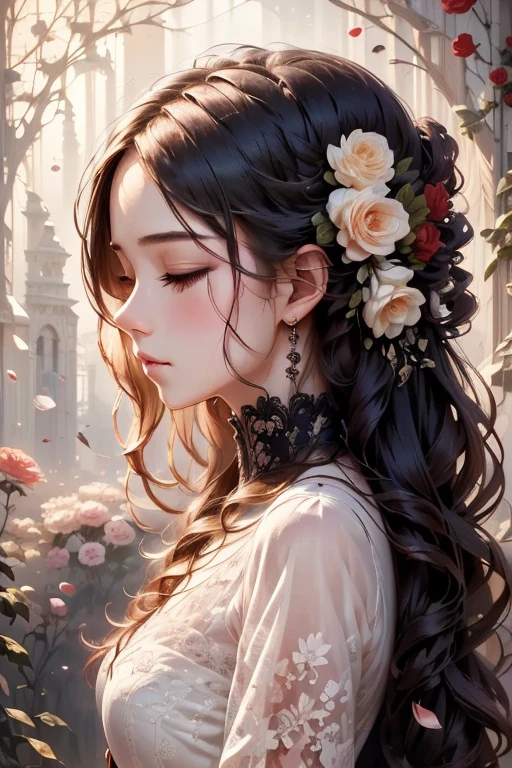 Alone，woman（Left edge of illustration ）、profile（profile view）、Dark brown's long hair 、 eyes closed、 facing diagonally downward 、 sad expression 、tears、face forcus shot, break，  the tips of her hair change to plant roots 1.5（ underside of the illustration ）、Stem、Red petals（ upper right side of illustration）、 the petals are illuminated by light 、background、 colorful very fine pattern 、masterpiece、accurate、最 high quality、 high detail、 high quality、 very detailed、 Ultra High Definition、Artistic、 digital art 、Drawn with colored pencils