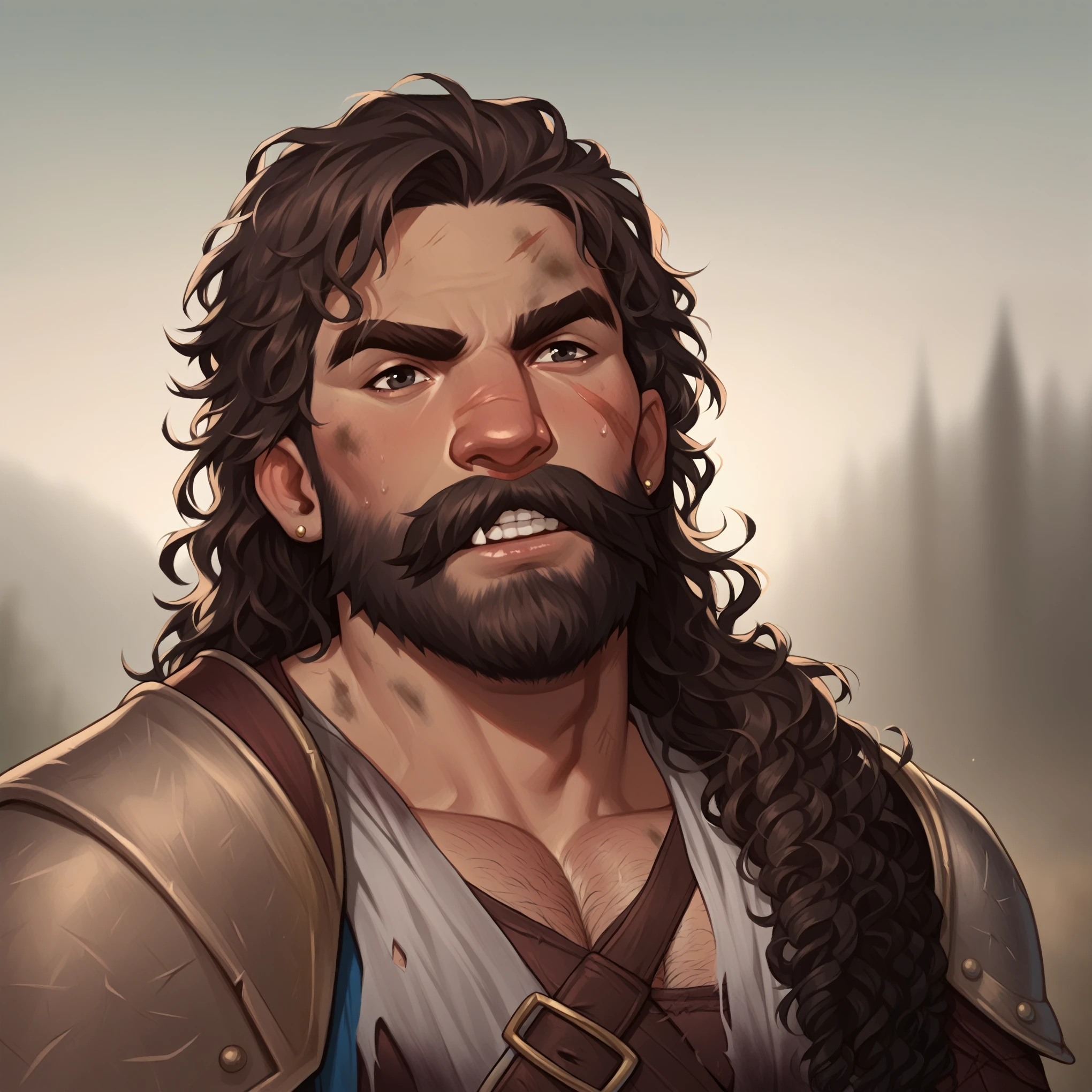 (((beautiful, high quality, detailed face))), score_9, score_8_up, score_7_up, BREAK, giant man, high stature, big nose, dark curly hair, messy voluminous hair, ((full beard:1.2, mustache)), (((muscular))), ((wide shoulder)), (((mature man:1.1))), tanned skin, ((bushy eyebrows)), small black eyes, hairy body, solo, portrait, upper body, portrait, facing viewer, bearing teeth, angry, fury expression, ((barbarian clothes, dirty)), fantasy outside, blurred background, Expressiveh, detailxl