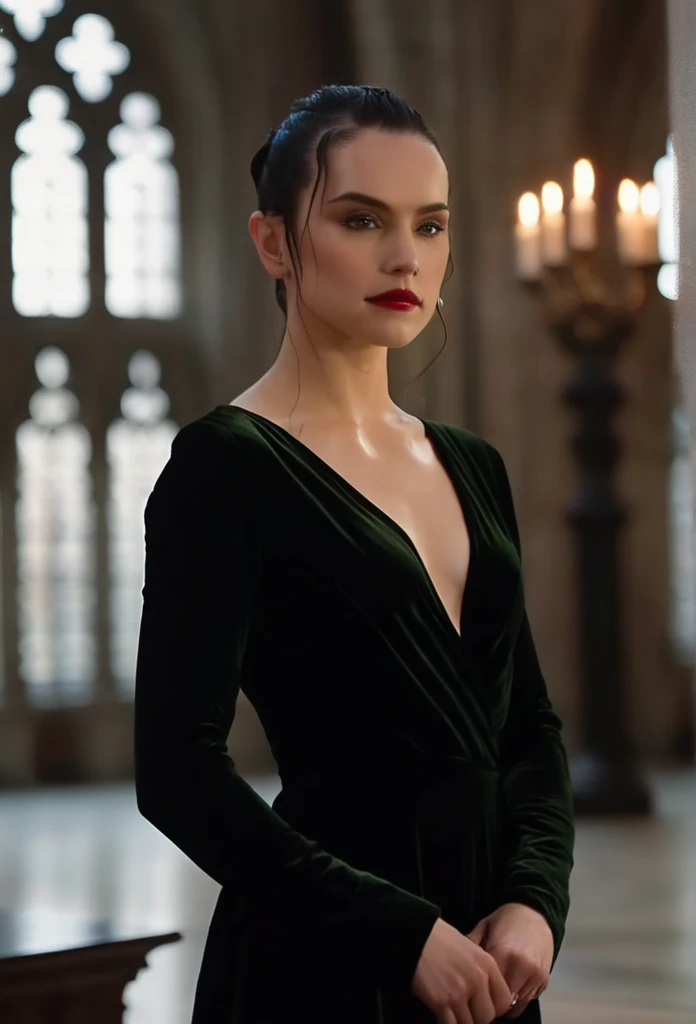 Morganna, a beautiful and imposing vampire with a face strikingly similar to actress Daisy Ridley, enters the gothic hall with an overwhelming presence. The vast hall is shrouded in shadows, illuminated only by the glow of tall candles. The air is heavy, almost intoxicating, with a metallic scent of blood. Morganna wears a deep black velvet dress that clings to every curve of her body like a second skin. The plunging neckline reveals her Giant chest, adorned with a shimmering necklace that seems to pulse with a life of its own.
The deep black velvet dress accentuates a bold neckline that not only highlights but seems to amplify the relentless power and intensity of her Giant chest, a manifestation of her absolute self-confidence. Her hands rest firmly and provocatively on her Giant chest, a deliberate and daring gesture that challenges and mesmerizes.
Her hair, slicked back in a short and elegant style, combed-back Pixie haircut style highlights her pale neck, while her intense red gaze appears almost hypnotic. With a slight tilt of her head, Morganna surveys the hall around her, and a look of satisfaction mixed with predatory intent crosses her face. She walks slowly, her steps echoing, and her hands press against her chest as if controlling her own power with mastery. As she advances, small shadows on the walls seem to shift and react to her presence, either bowing in reverence or perhaps in fear.
Her red lips curl into a confident smile, and as she slightly opens her mouth, her fangs become visible, reflecting the soft candlelight. It’s a moment of silent triumph, as though she is at the height of her power and fully aware of the irresistible effect she exudes. She pauses at the center of the hall, looking directly at the "camera" as if daring anyone to resist her charm.
Her eyes shine with an insatiable hunger and a magnetic force that dominates the atmosphere., 32k resolution, cinematic 