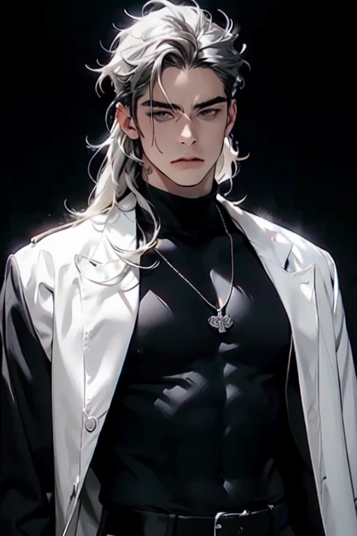 ((1 Adult man, 40 years))), ((white long Hair)), ((grey eyes)), white turtleneck, black trousers, Black background, Large assembly, Pumped up body, good anatomy, (Detailed eyes, Even the eyes), serious look, serious expression, Dynamic pose in a black cloak, military, chain necklace around the chest, half-naked chest, tattoos on the body, 