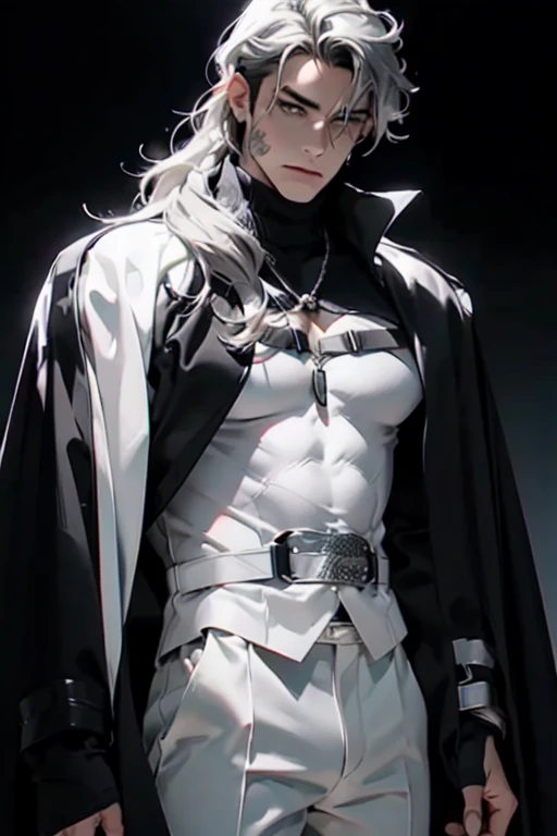 ((1 Adult man, 40 years))), ((white long Hair)), ((grey eyes)), white turtleneck, black trousers, Black background, Large assembly, Pumped up body, good anatomy, (Detailed eyes, Even the eyes), serious look, serious expression, Dynamic pose in a black cloak, military, chain necklace around the chest, half-naked chest, tattoos on the body, 