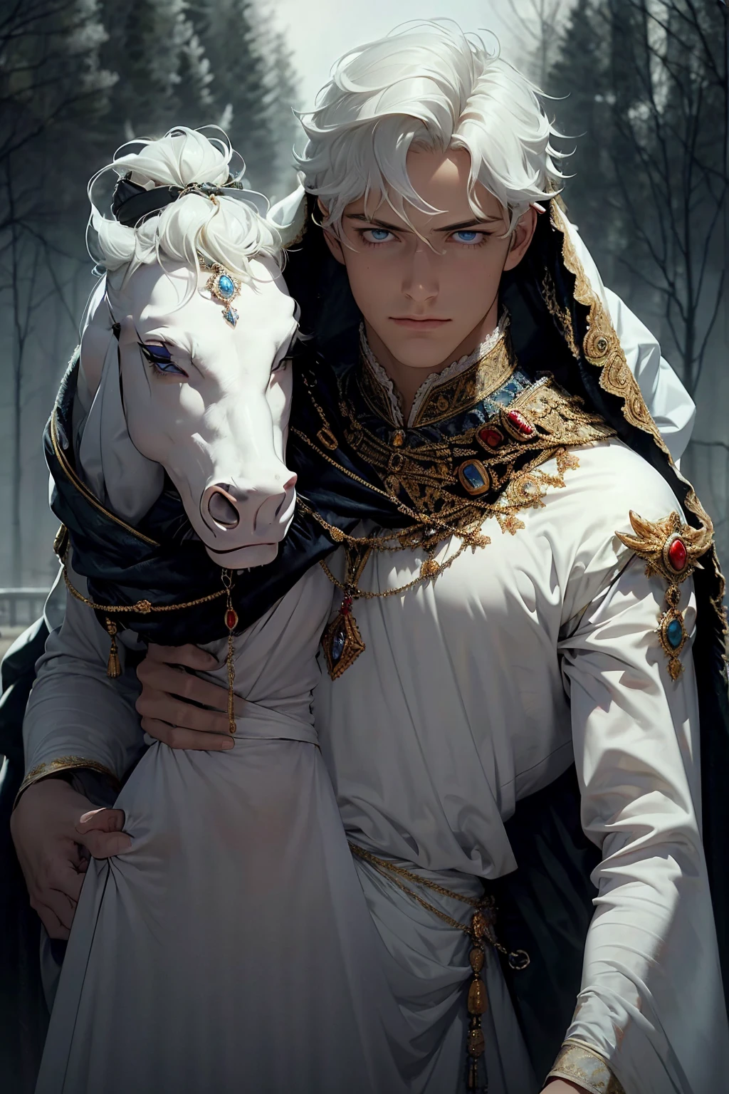 best quality , masterpiece, Ultra High Quality, high resolution, Tall, handsome, athletic build, statuesque, courageous young man-the king, platinum blonde with blue eyes, long straight platinum hair, dressed in royal attire, , blue eyes, she is wearing a princess dress. Masterpiece, detailed study of the face, beautiful face, beautiful facial features, perfect image, realistic shots, detailed study of faces, full-length image, 8k, detailed image, extremely detailed illustration, a real masterpiece of the highest quality, with careful drawing, big bulge, bulge focus, large bulges in the crotch