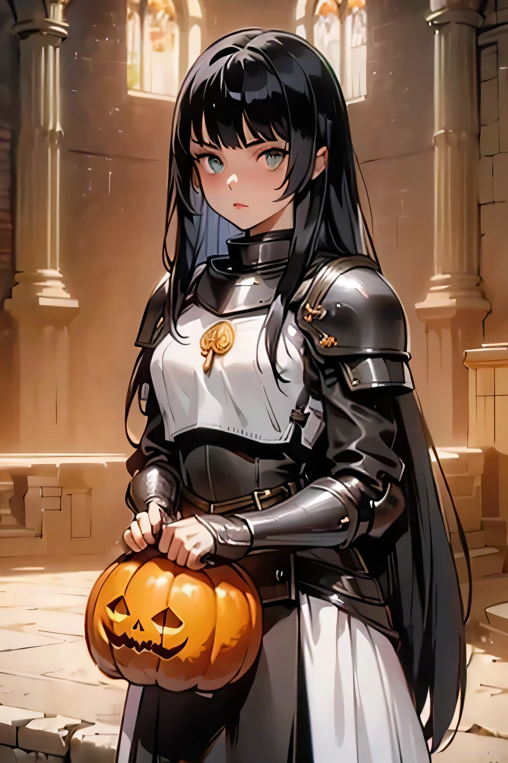 (((masterpiece))), (((best quality))), ((ultra-detailed)), (cinematic lighting), (illustration), (beautiful detailed eyes), (1girl), full body, space, knight, armor, light hair, walking, castle in background, best quality, expressive eyes, perfect face, Girl: (20s, black hair, long hair, dark green baggy shirt, armour, breastplate, skirt, knee boots), pumpkins, path, retro anime,