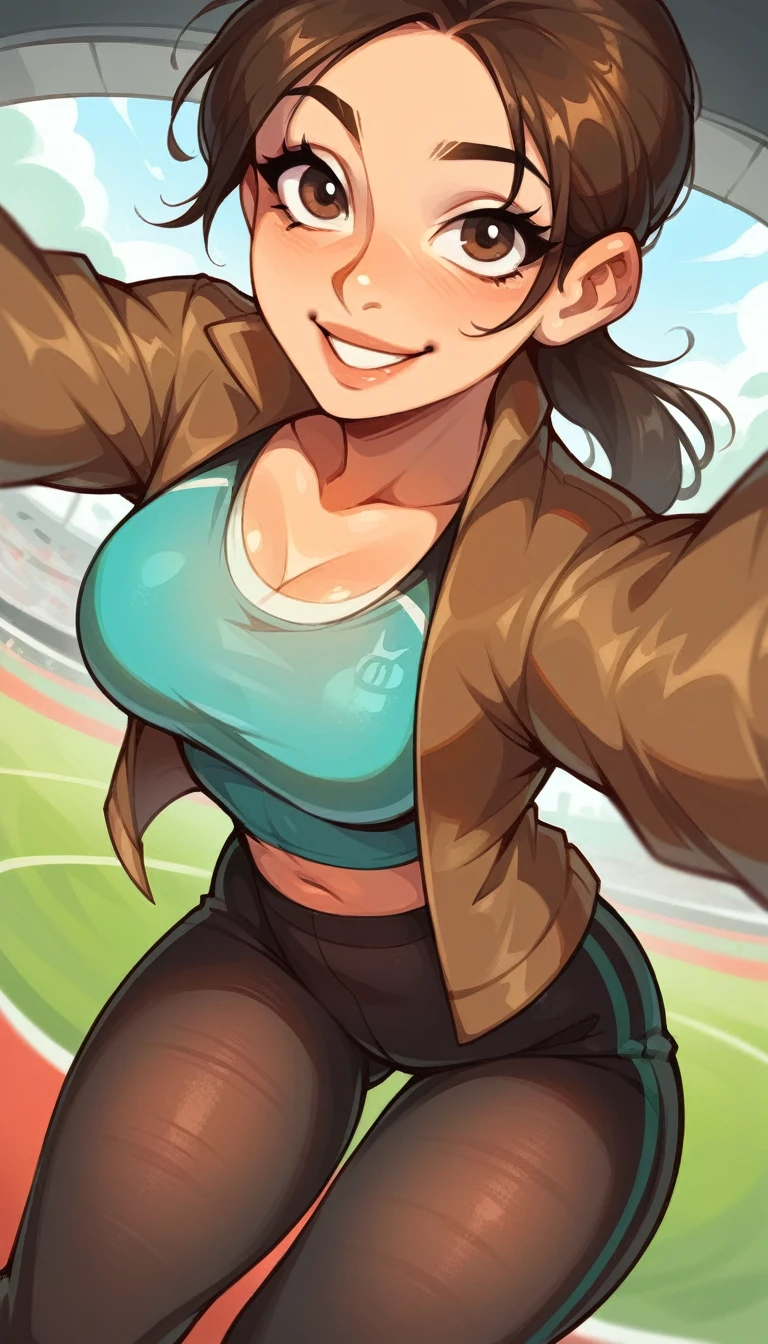 
Lara Croft,  brown hair  ,  long hair , track,   brown eyes (:1.1), Black tights neckline , brown jacket, exposed legs  , thick thighs ,gloves,   Knee-high,  shiny and oily skin ,
Selfie,focus only,  half-open eyes ,  smiling,   low angle portrait with   , na selva,   High definition , detailed 