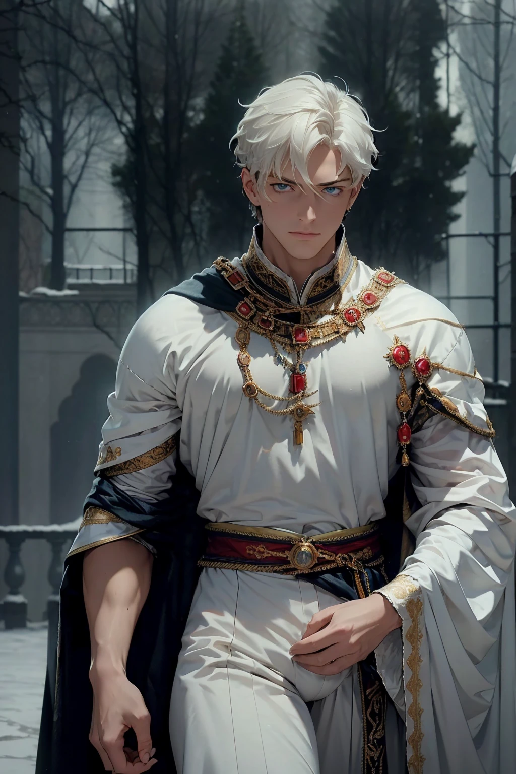 best quality , masterpiece, Ultra High Quality, high resolution, Tall, handsome, athletic build, statuesque, courageous young man-the king, platinum blonde with blue eyes, long straight platinum hair, dressed in royal attire, perfect image, realistic shots, detailed study of faces, full-length image, 8k, detailed image, extremely detailed illustration, a real masterpiece of the highest quality, with careful drawing, big bulge, bulge focus, large bulges in the crotch