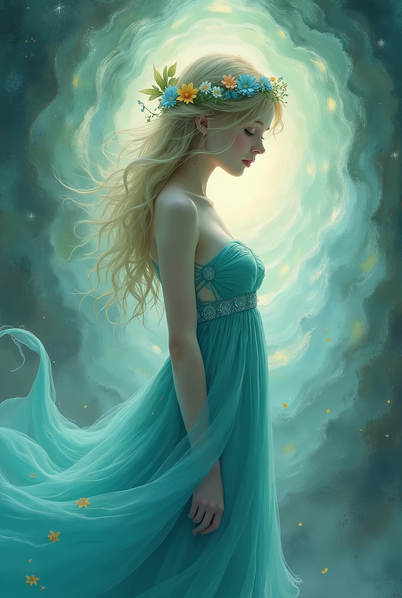 cloud goddess with a green and blue string wrapped around her arm and blue long hair, she is white, has make-up on her face, blue dress and have a green eyes and standing beside a clouds
Dark blue string rope in her arms green string in around her arms