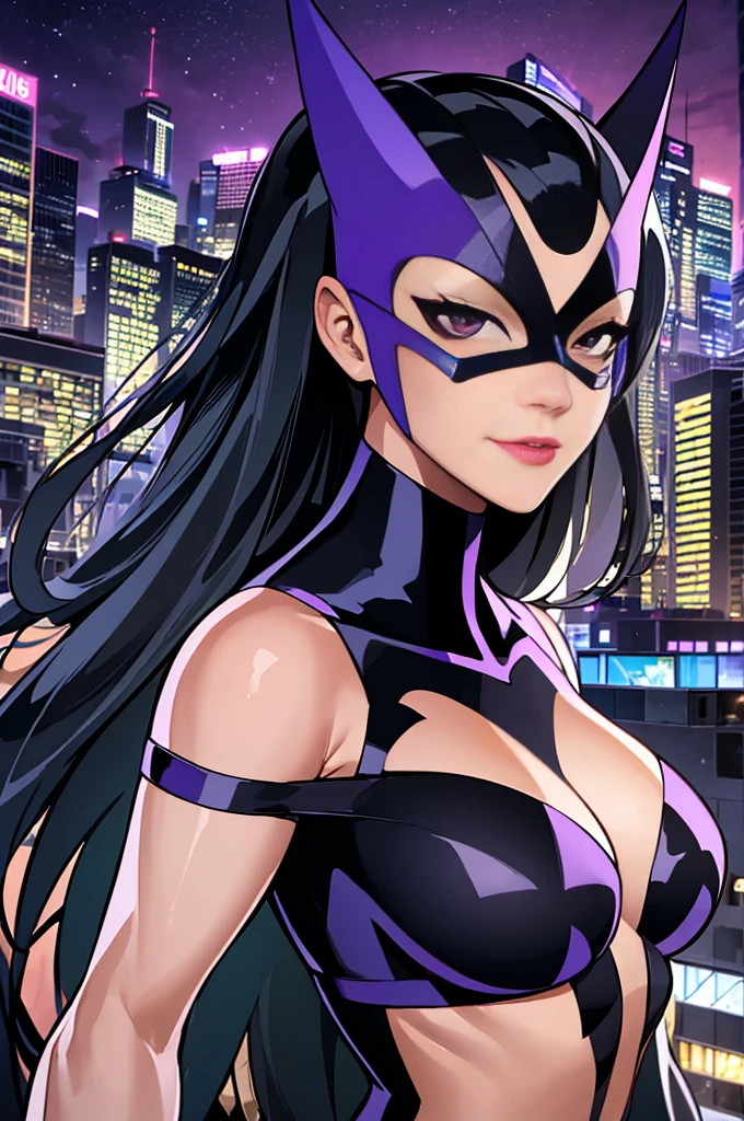 ((masterpiece,best quality)), absurdres,
Huntress_JLU, upper body, detailed mask, smug,
night sky and city lights in background, cinematic composition,