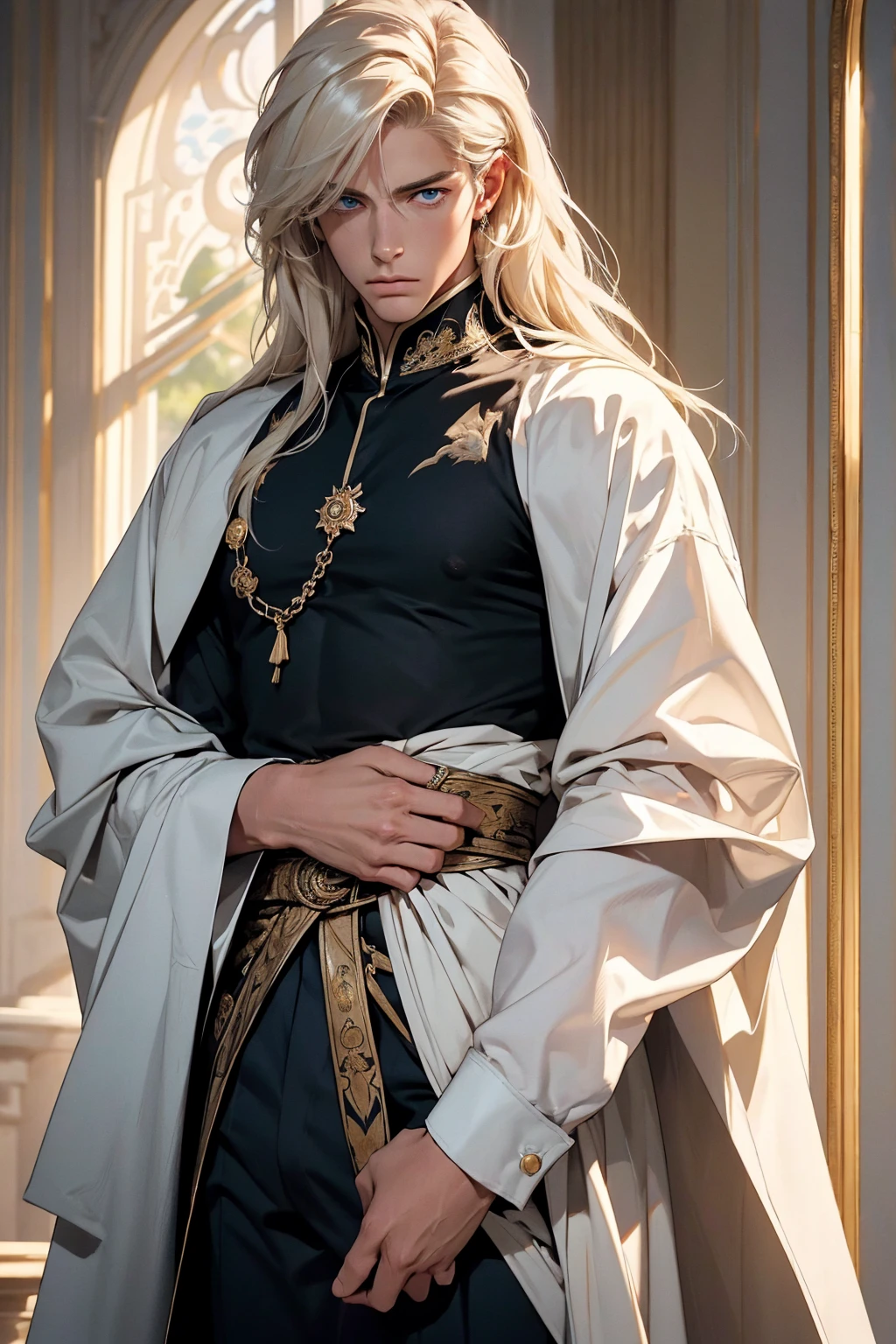 best quality , masterpiece, Ultra High Quality, high resolution, Tall, handsome, athletic build, statuesque, courageous young man-the king, platinum blonde with blue eyes, long straight platinum hair, dressed in royal attire, perfect image, realistic shots, detailed study of faces, full-length image, 8k, detailed image, extremely detailed illustration, a real masterpiece of the highest quality, with careful drawing, big bulge, bulge focus, large bulges in the crotch