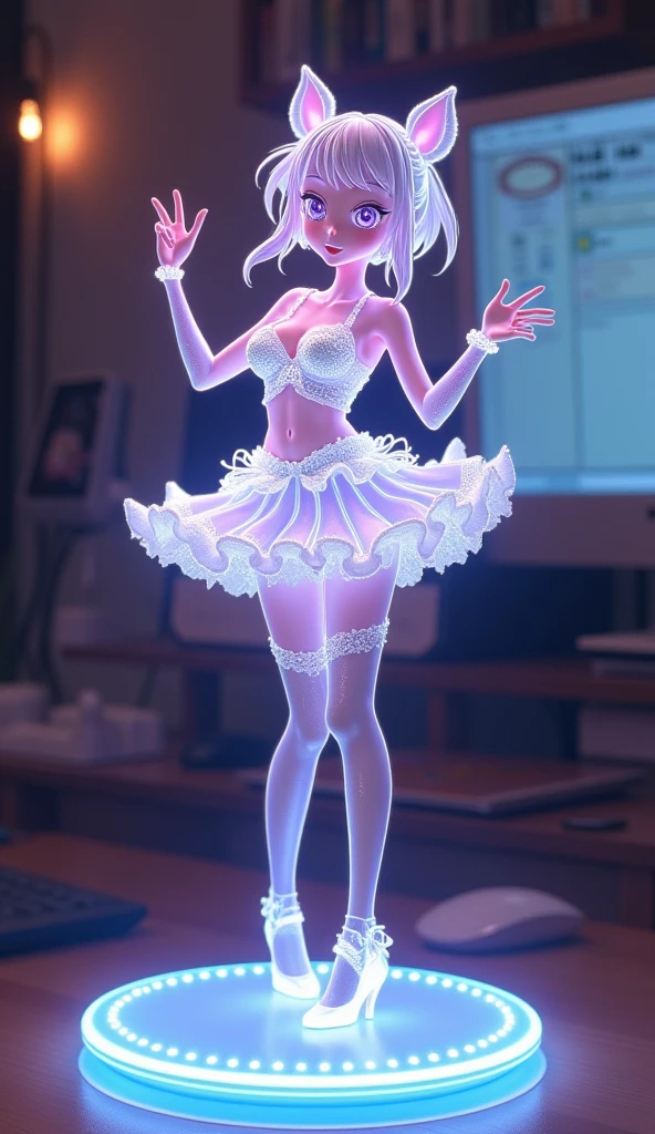 Virtual Idol, 2D holographic figure girl on desk, cute outfit, short skirt with wide frill, 1 knee up, dancing, dynamic pose, hologram body, intricate hologram outfit, hologram cute face, 