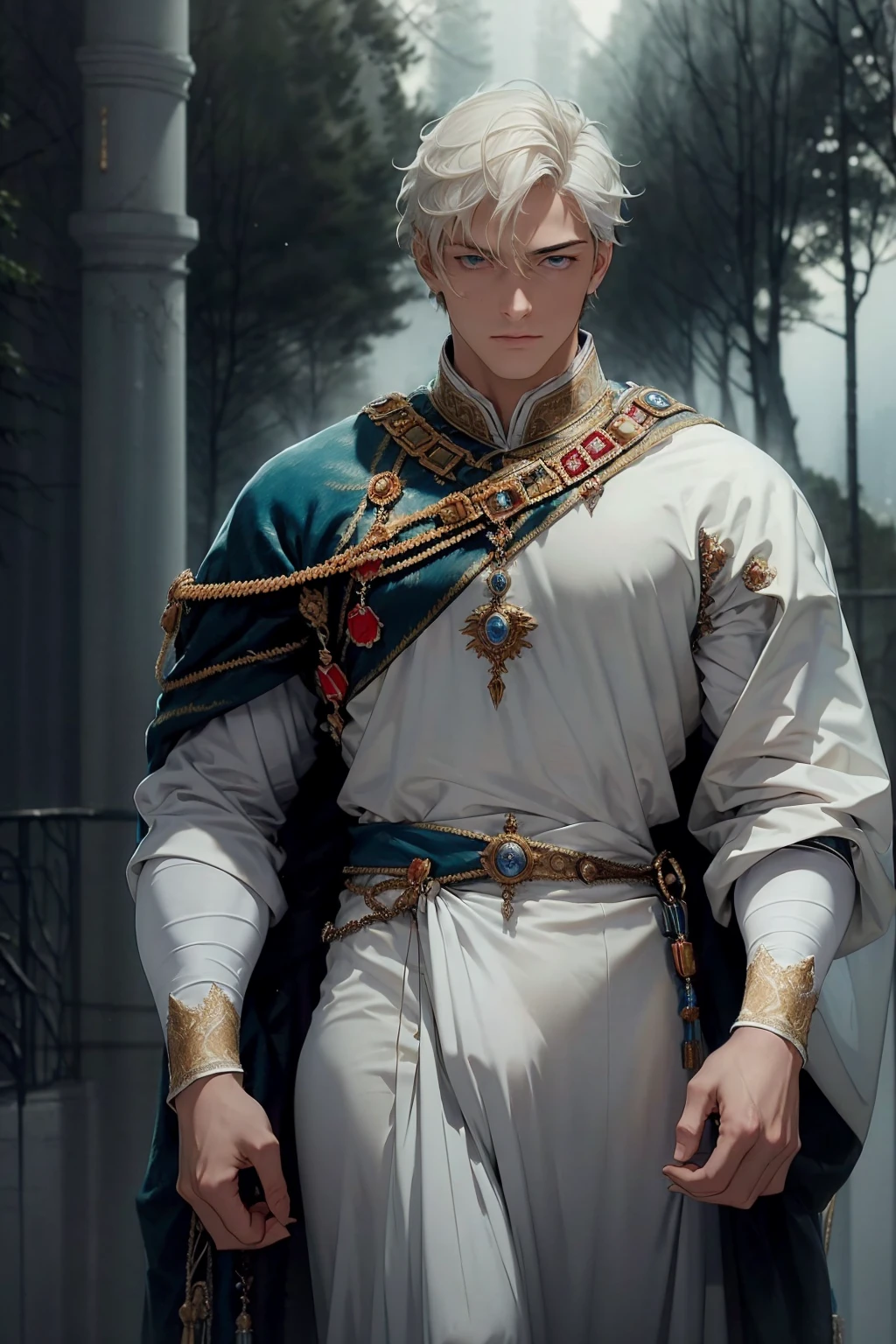 best quality , masterpiece, Ultra High Quality, high resolution, Tall, handsome, athletic build, statuesque, courageous young man-the king, platinum blonde with blue eyes, long straight platinum hair, dressed in royal attire, perfect image, realistic shots, detailed study of faces, full-length image, 8k, detailed image, extremely detailed illustration, a real masterpiece of the highest quality, with careful drawing, big bulge, bulge focus, large bulges in the crotch