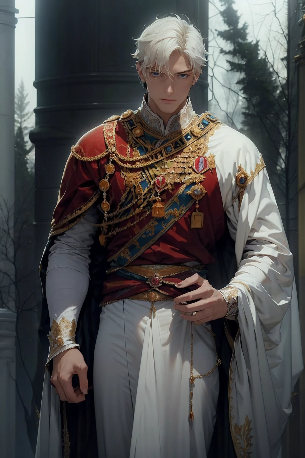 best quality , masterpiece, Ultra High Quality, high resolution, Tall, handsome, athletic build, statuesque, courageous young man-the king, platinum blonde with blue eyes, long straight platinum hair, dressed in royal attire, perfect image, realistic shots, detailed study of faces, full-length image, 8k, detailed image, extremely detailed illustration, a real masterpiece of the highest quality, with careful drawing, big bulge, bulge focus, large bulges in the crotch