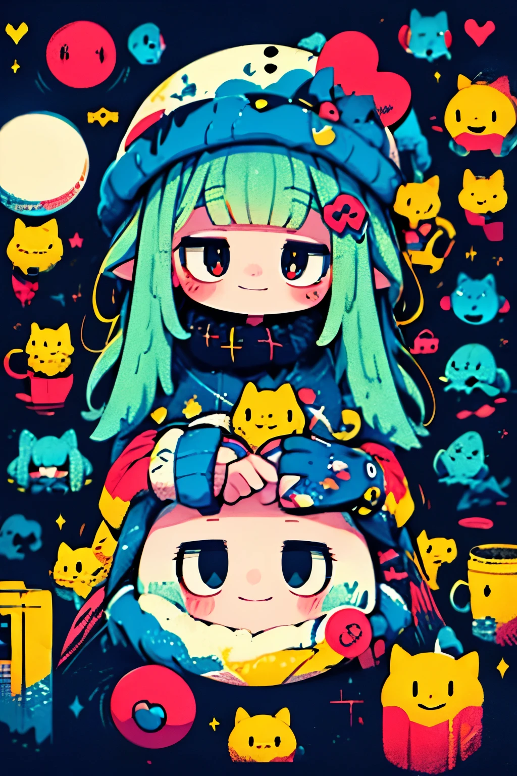 a smiling cute monster girl, adorable monster girl, winter holiday, cute monster, spooky cute monster, whimsical monster, monstrous creature, monster girl with large eyes, monster girl with colorful hair, monster girl in a playful pose, monster girl with a friendly expression, playful mo